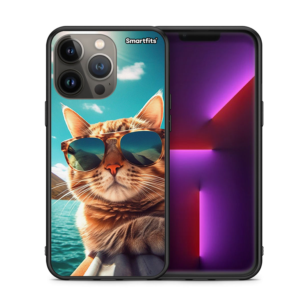 Θήκη iPhone 13 Pro Max Summer Cat από τη Smartfits με σχέδιο στο πίσω μέρος και μαύρο περίβλημα | iPhone 13 Pro Max Summer Cat case with colorful back and black bezels