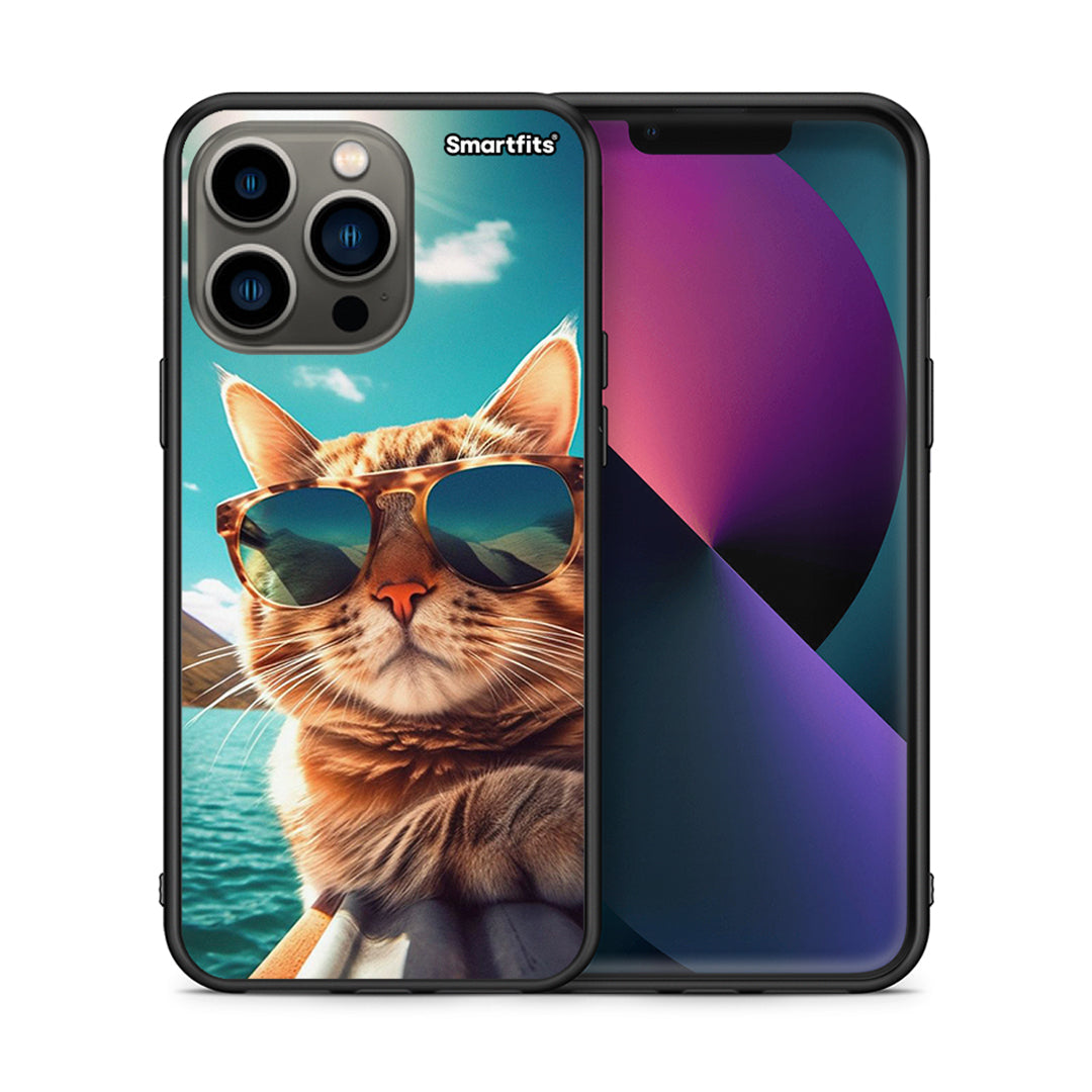 Θήκη iPhone 13 Pro Summer Cat από τη Smartfits με σχέδιο στο πίσω μέρος και μαύρο περίβλημα | iPhone 13 Pro Summer Cat case with colorful back and black bezels