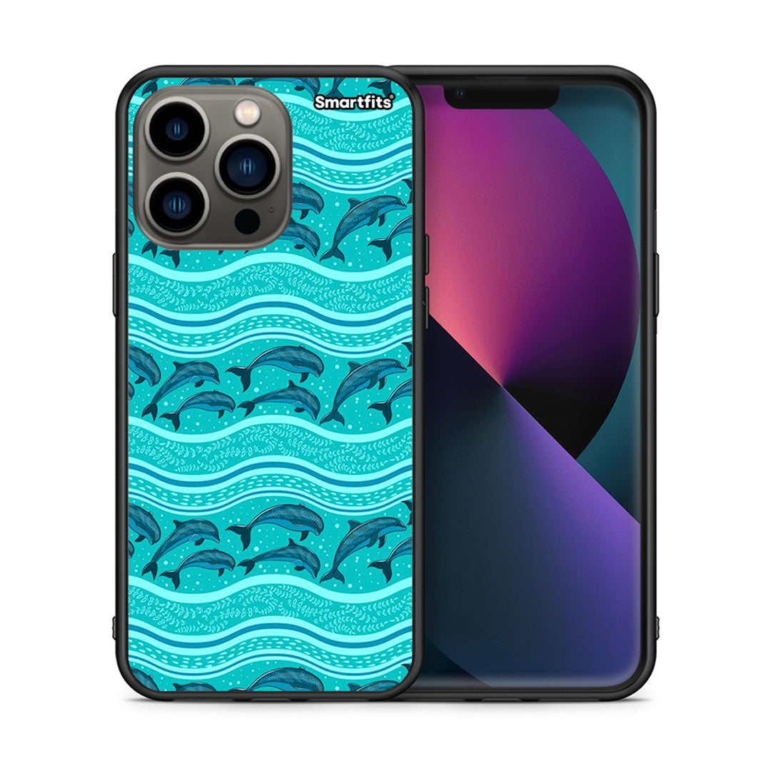 Θήκη iPhone 13 Pro Swimming Dolphins από τη Smartfits με σχέδιο στο πίσω μέρος και μαύρο περίβλημα | iPhone 13 Pro Swimming Dolphins case with colorful back and black bezels