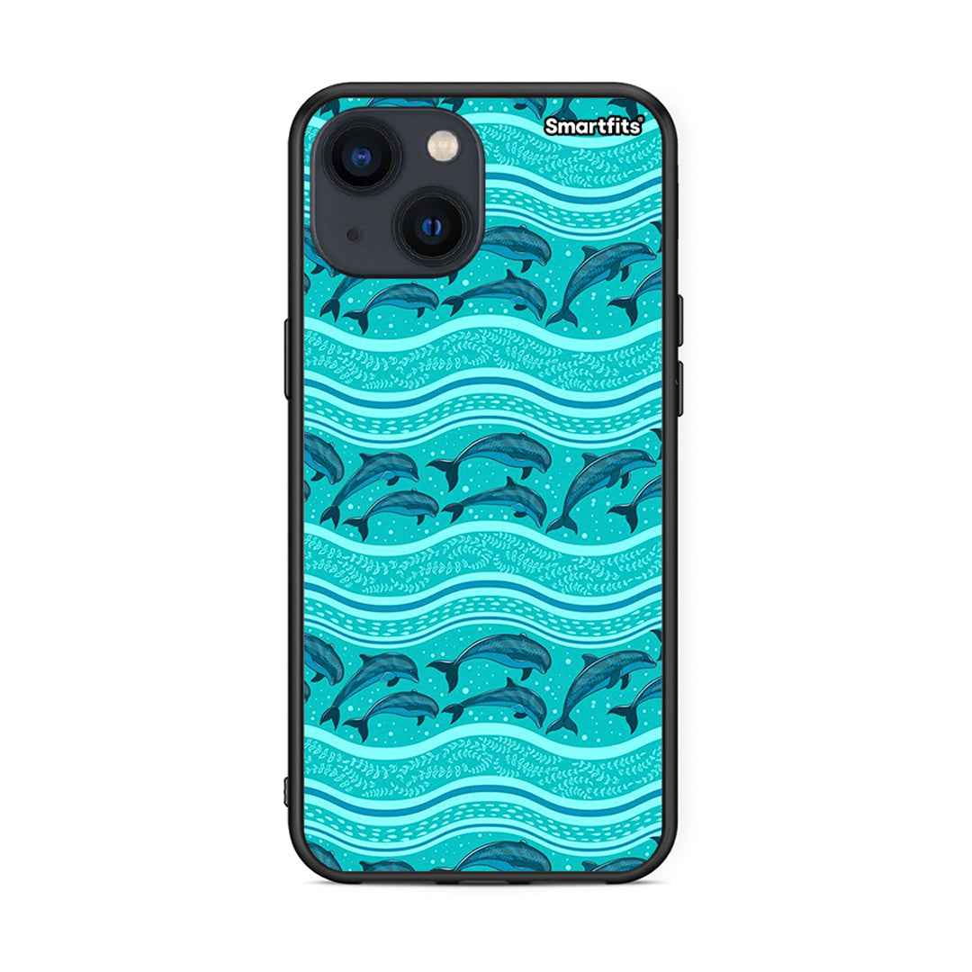 iPhone 13 Swimming Dolphins θήκη από τη Smartfits με σχέδιο στο πίσω μέρος και μαύρο περίβλημα | Smartphone case with colorful back and black bezels by Smartfits