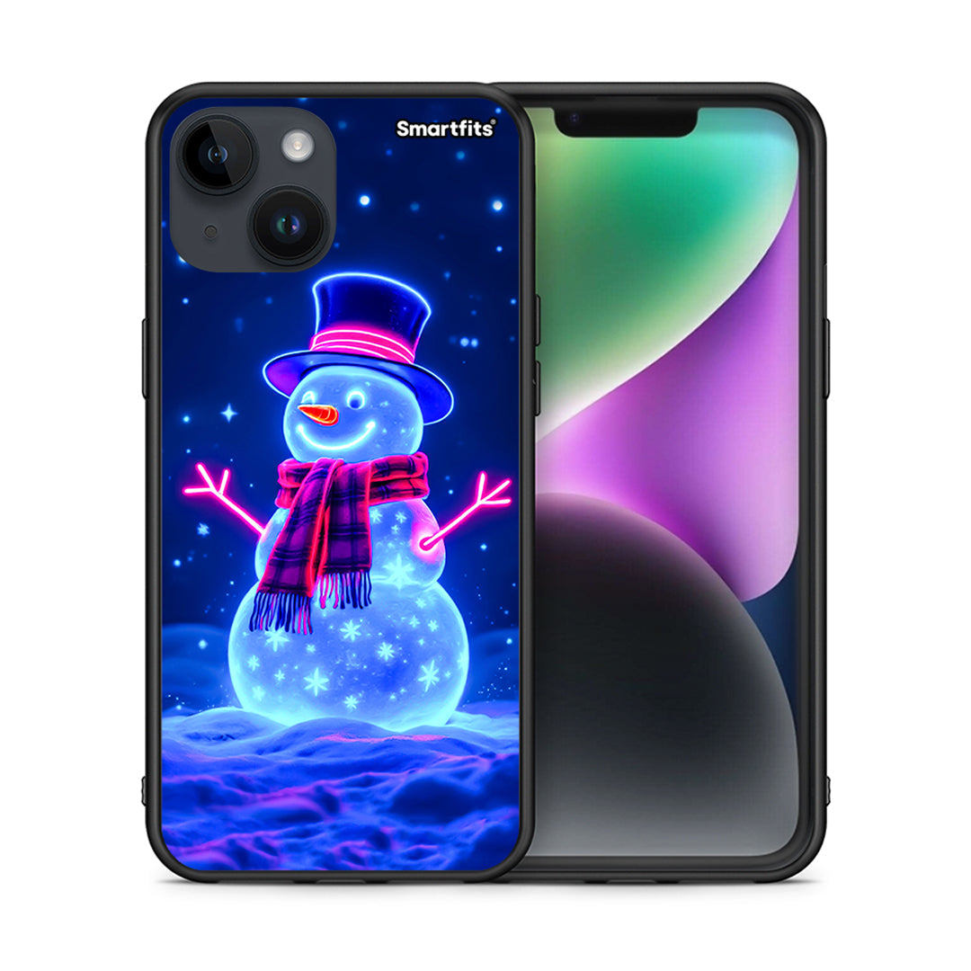 Θήκη iPhone 14 Christmas Neon Snowman από τη Smartfits με σχέδιο στο πίσω μέρος και μαύρο περίβλημα | iPhone 14 Christmas Neon Snowman case with colorful back and black bezels