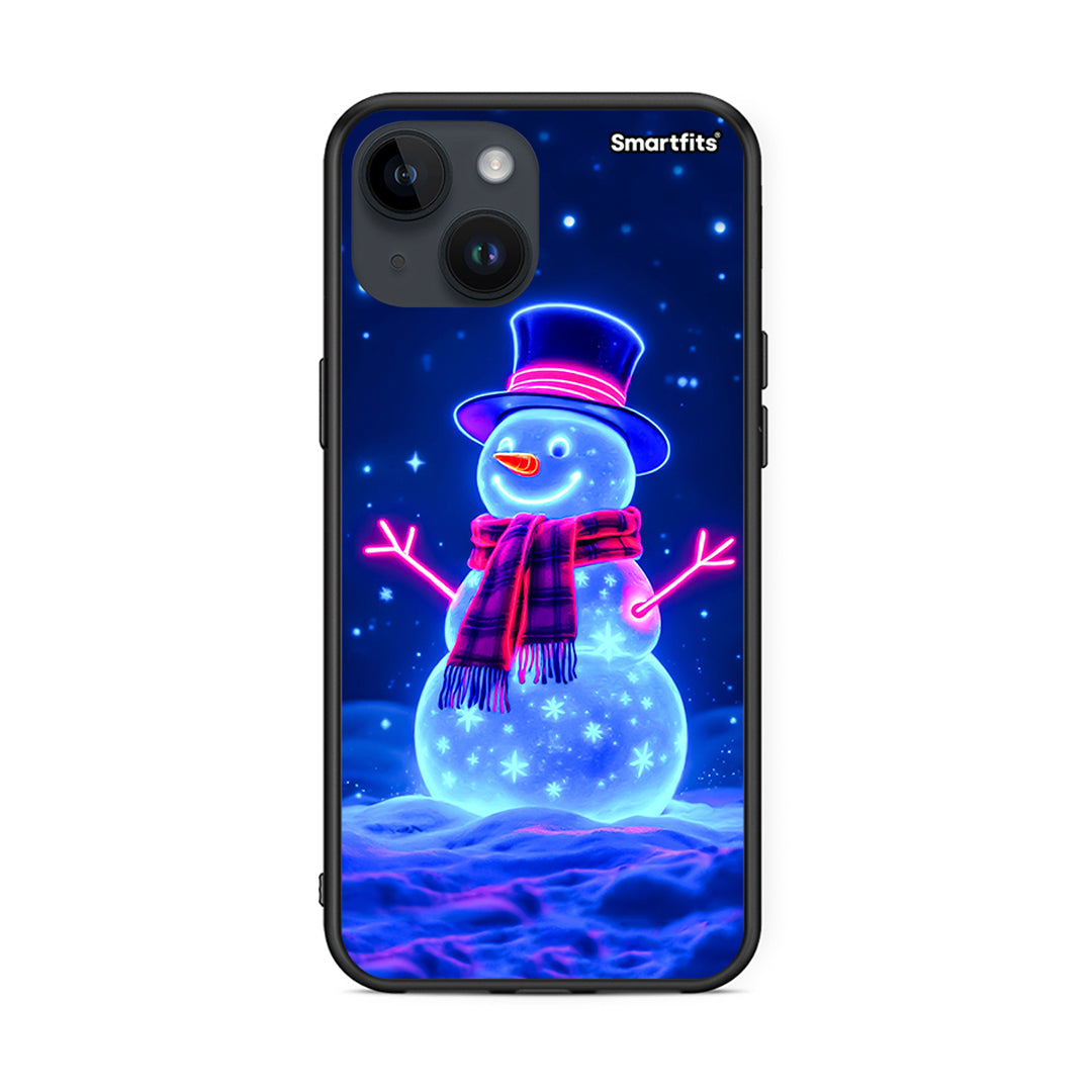 iPhone 14 Christmas Neon Snowman θήκη από τη Smartfits με σχέδιο στο πίσω μέρος και μαύρο περίβλημα | Smartphone case with colorful back and black bezels by Smartfits