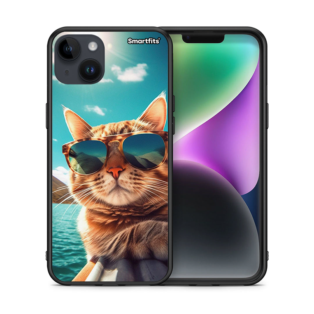 Θήκη iPhone 14 Plus Summer Cat από τη Smartfits με σχέδιο στο πίσω μέρος και μαύρο περίβλημα | iPhone 14 Plus Summer Cat case with colorful back and black bezels