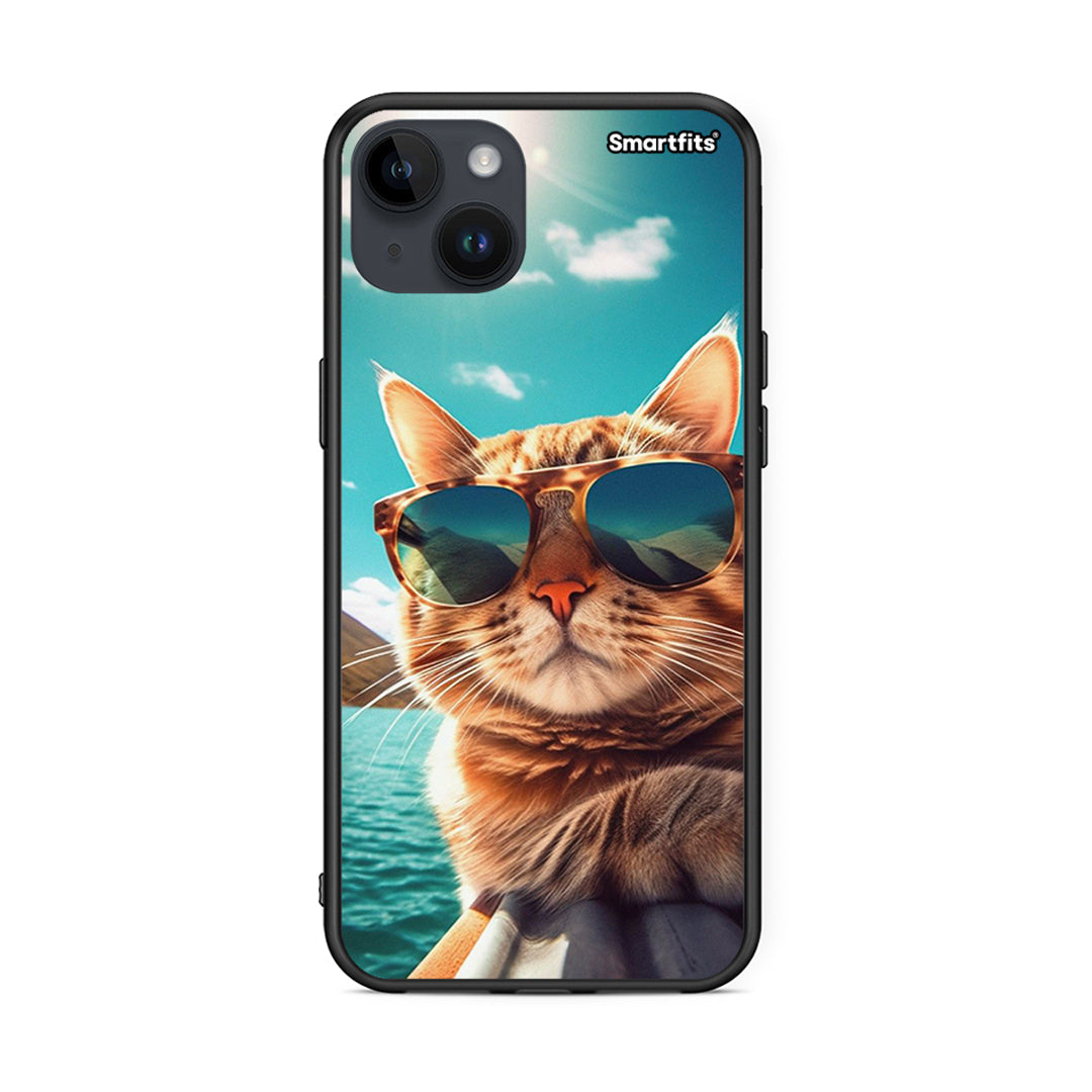 iPhone 15 Plus Summer Cat θήκη από τη Smartfits με σχέδιο στο πίσω μέρος και μαύρο περίβλημα | Smartphone case with colorful back and black bezels by Smartfits