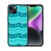 Thumbnail for Θήκη iPhone 15 Plus Swimming Dolphins από τη Smartfits με σχέδιο στο πίσω μέρος και μαύρο περίβλημα | iPhone 15 Plus Swimming Dolphins case with colorful back and black bezels