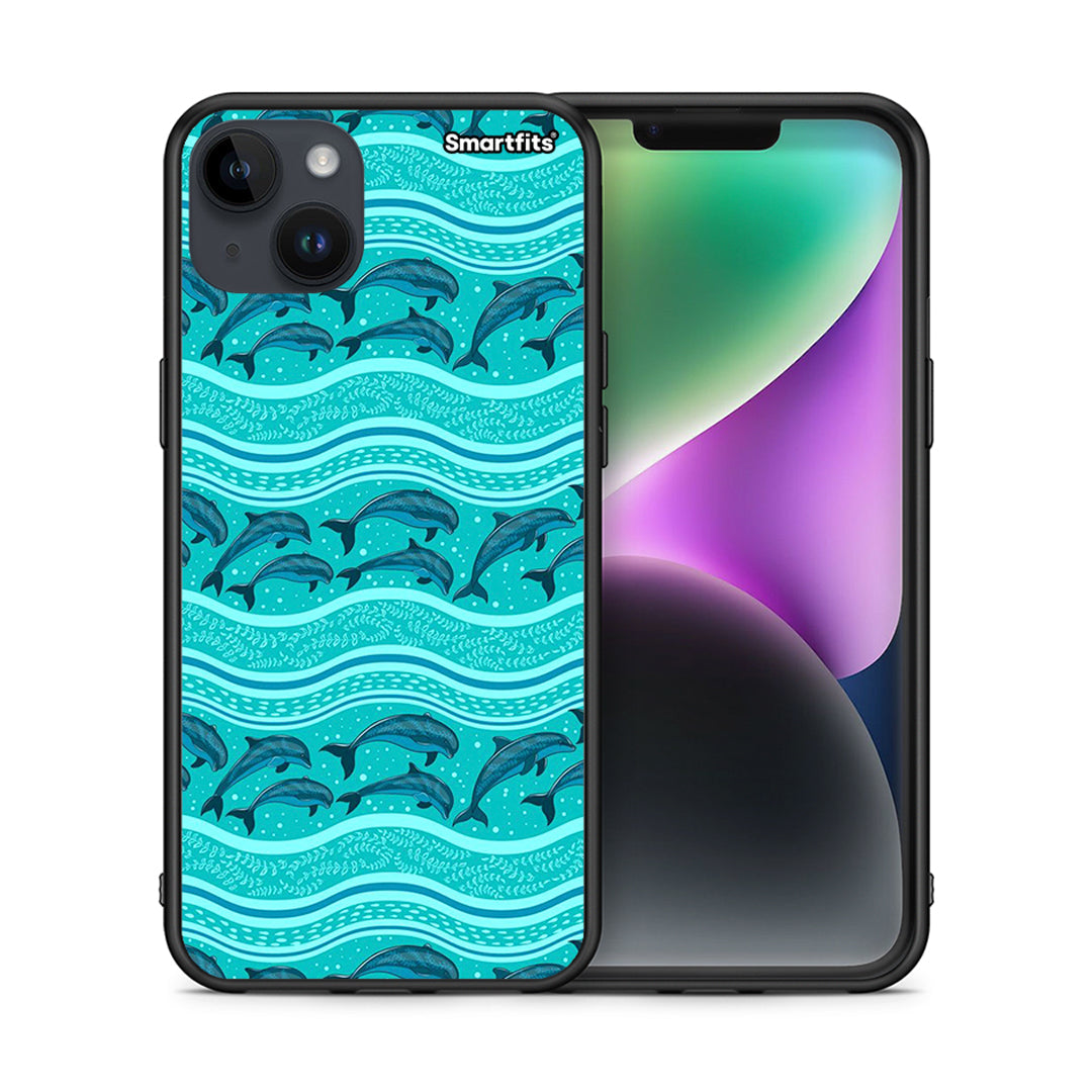 Θήκη iPhone 14 Plus Swimming Dolphins από τη Smartfits με σχέδιο στο πίσω μέρος και μαύρο περίβλημα | iPhone 14 Plus Swimming Dolphins case with colorful back and black bezels