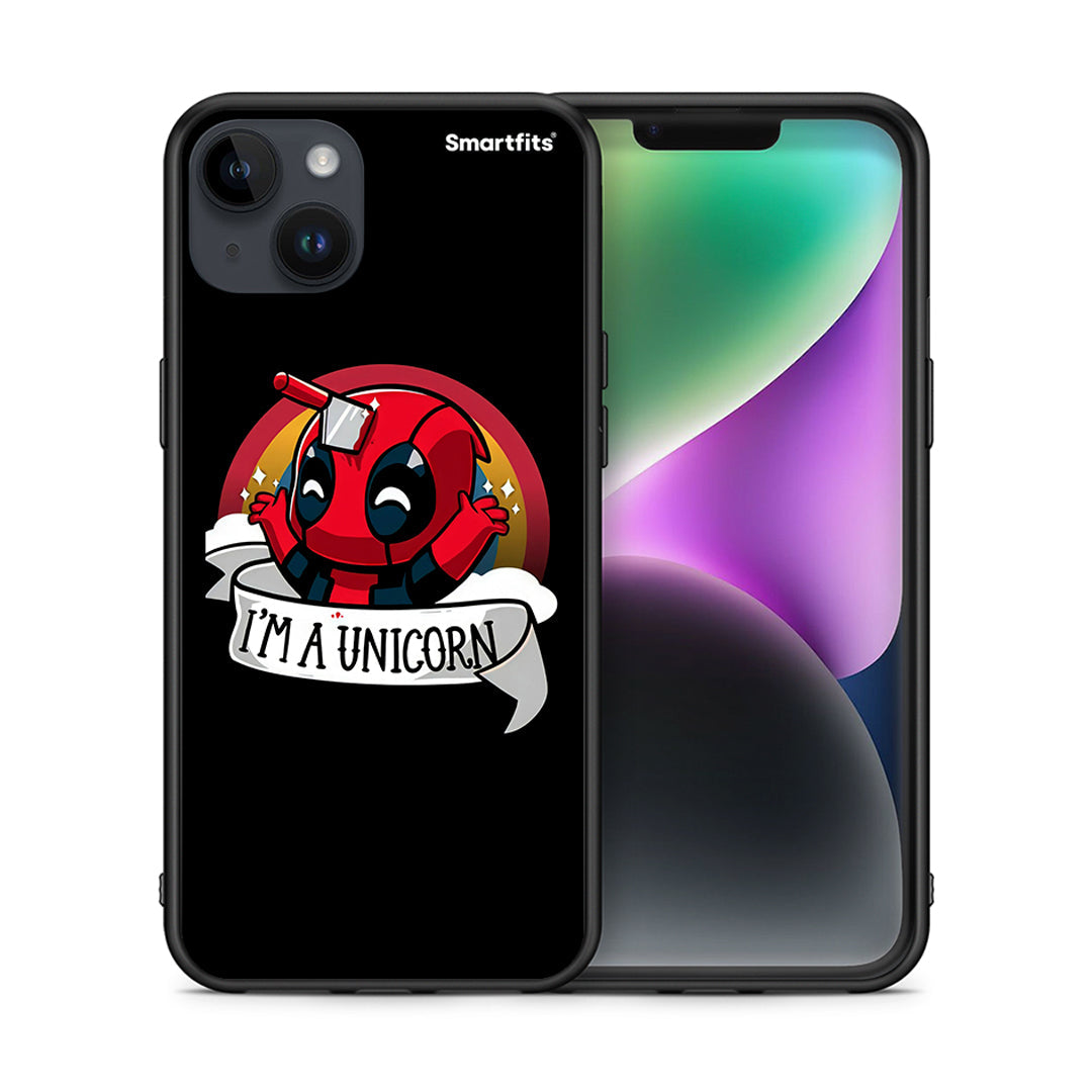 Θήκη iPhone 14 Plus Unicorn Deadpool από τη Smartfits με σχέδιο στο πίσω μέρος και μαύρο περίβλημα | iPhone 14 Plus Unicorn Deadpool case with colorful back and black bezels