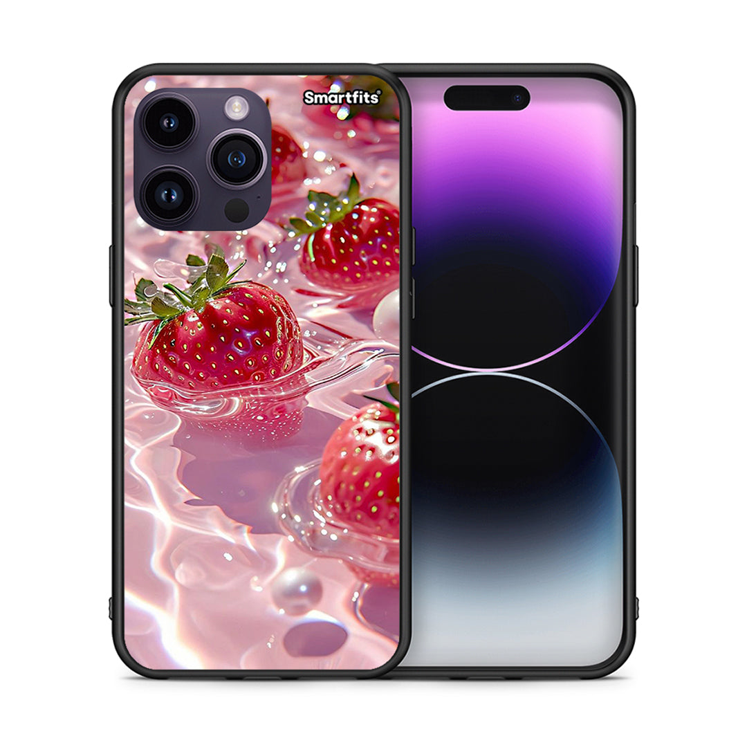 Θήκη iPhone 14 Pro Juicy Strawberries από τη Smartfits με σχέδιο στο πίσω μέρος και μαύρο περίβλημα | iPhone 14 Pro Juicy Strawberries case with colorful back and black bezels