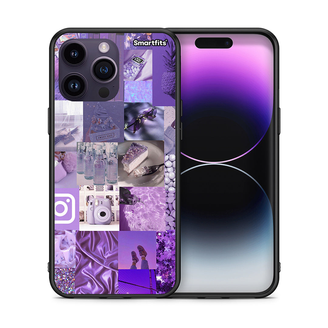 Θήκη iPhone 14 Pro Purple Aesthetic Collage από τη Smartfits με σχέδιο στο πίσω μέρος και μαύρο περίβλημα | iPhone 14 Pro Purple Aesthetic Collage case with colorful back and black bezels