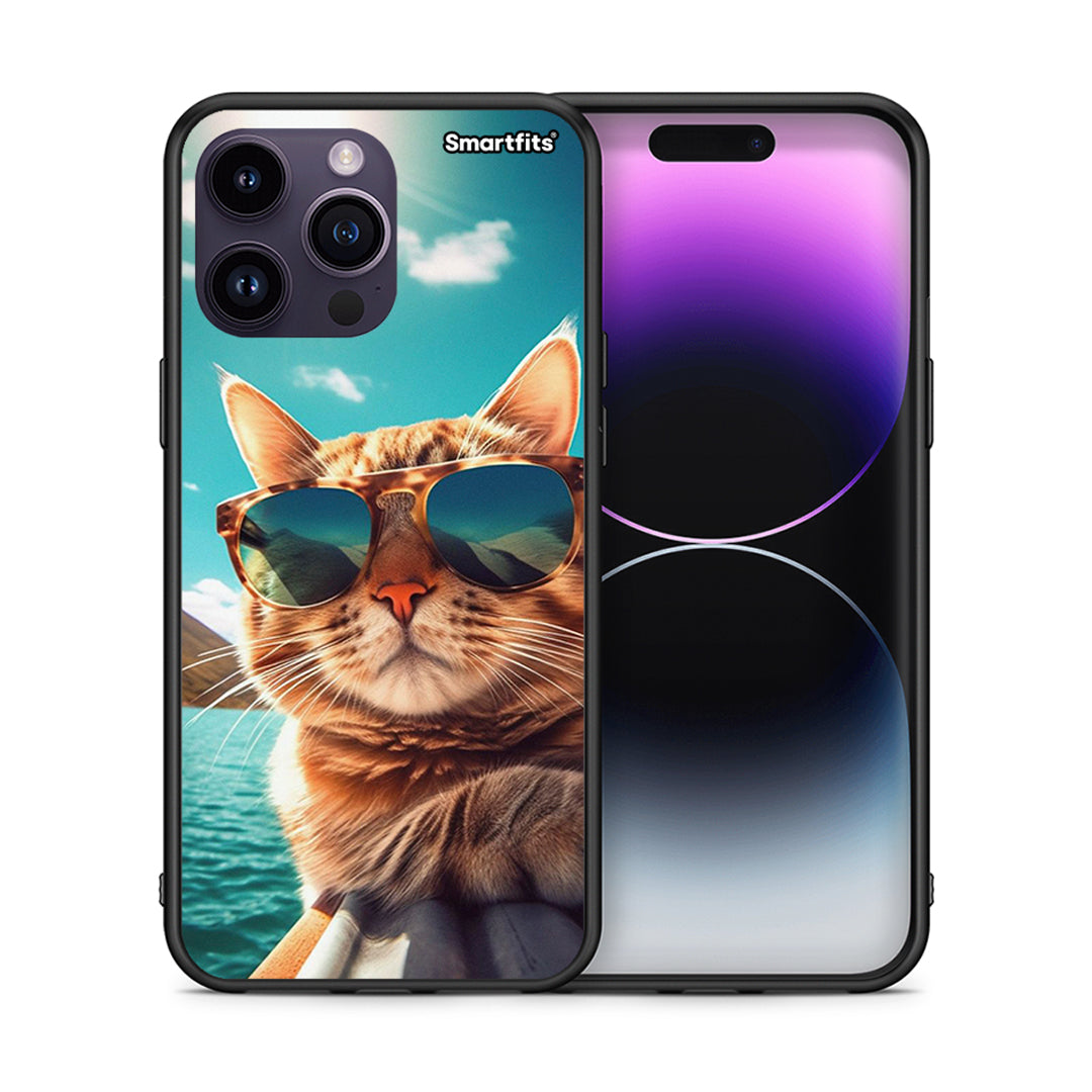 Θήκη iPhone 14 Pro Summer Cat από τη Smartfits με σχέδιο στο πίσω μέρος και μαύρο περίβλημα | iPhone 14 Pro Summer Cat case with colorful back and black bezels