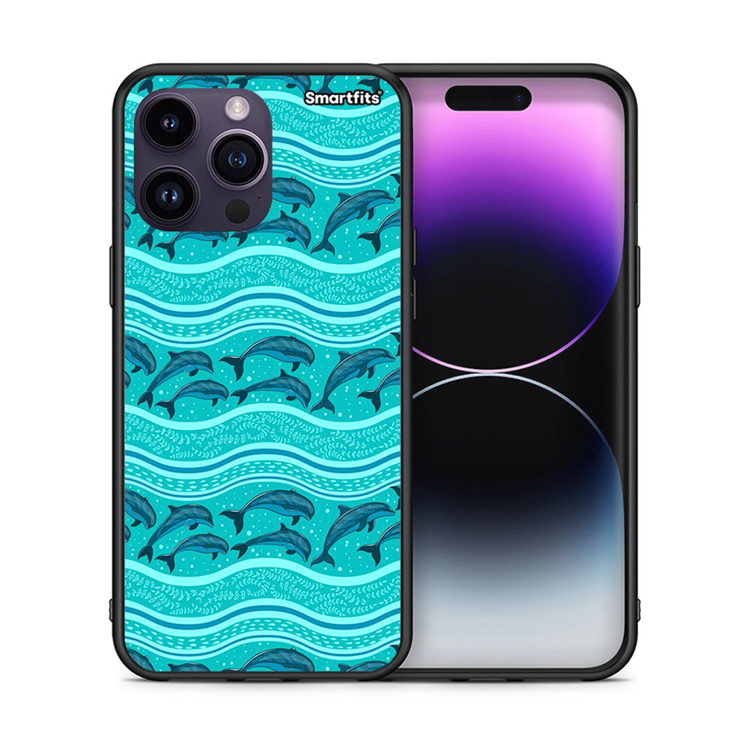 Θήκη iPhone 14 Pro Swimming Dolphins από τη Smartfits με σχέδιο στο πίσω μέρος και μαύρο περίβλημα | iPhone 14 Pro Swimming Dolphins case with colorful back and black bezels