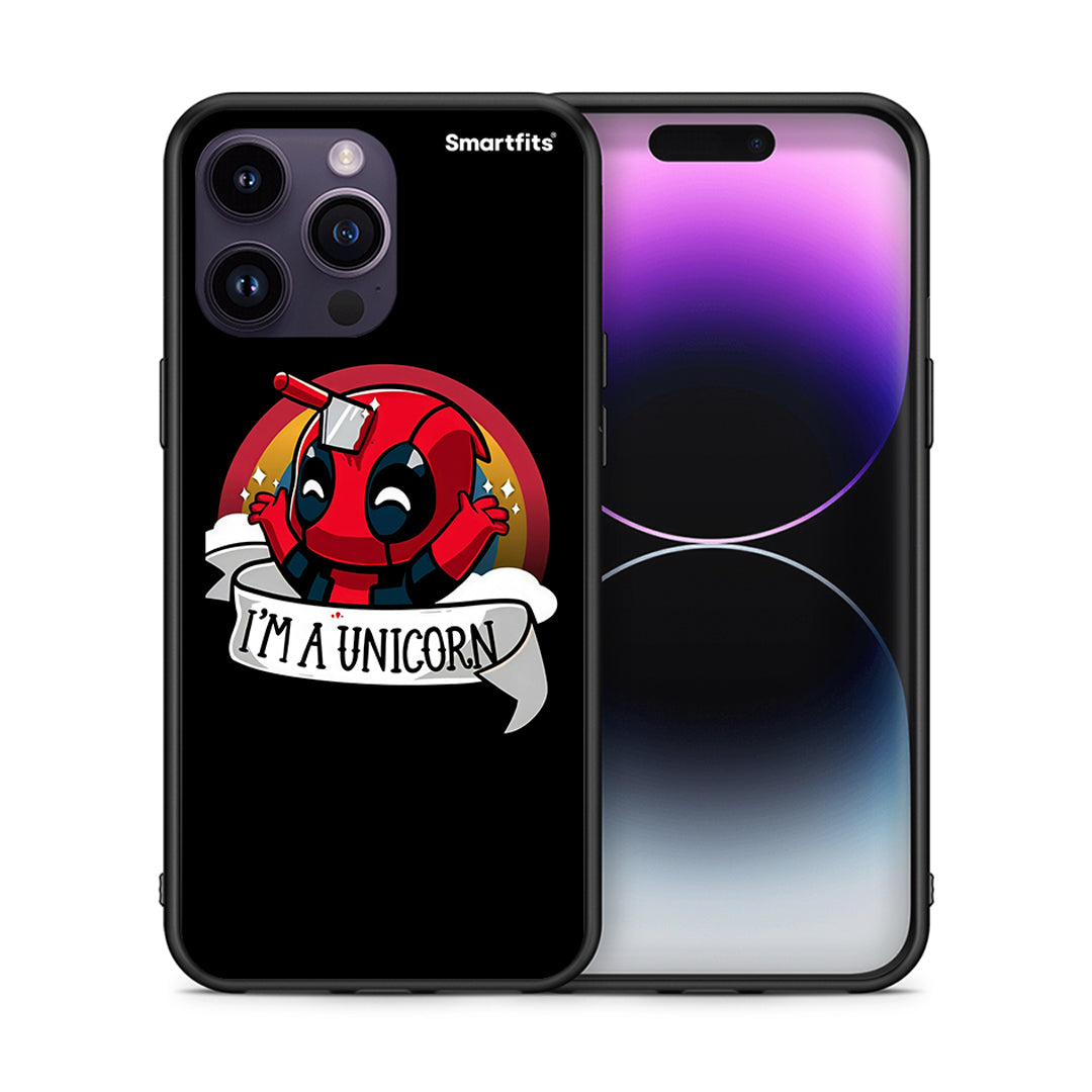 Θήκη iPhone 15 Pro Unicorn Deadpool από τη Smartfits με σχέδιο στο πίσω μέρος και μαύρο περίβλημα | iPhone 15 Pro Unicorn Deadpool case with colorful back and black bezels