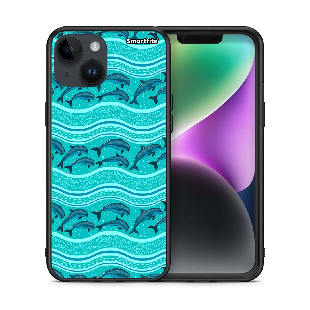 Θήκη iPhone 14 Swimming Dolphins από τη Smartfits με σχέδιο στο πίσω μέρος και μαύρο περίβλημα | iPhone 14 Swimming Dolphins case with colorful back and black bezels