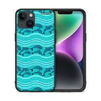 Thumbnail for Θήκη iPhone 14 Swimming Dolphins από τη Smartfits με σχέδιο στο πίσω μέρος και μαύρο περίβλημα | iPhone 14 Swimming Dolphins case with colorful back and black bezels