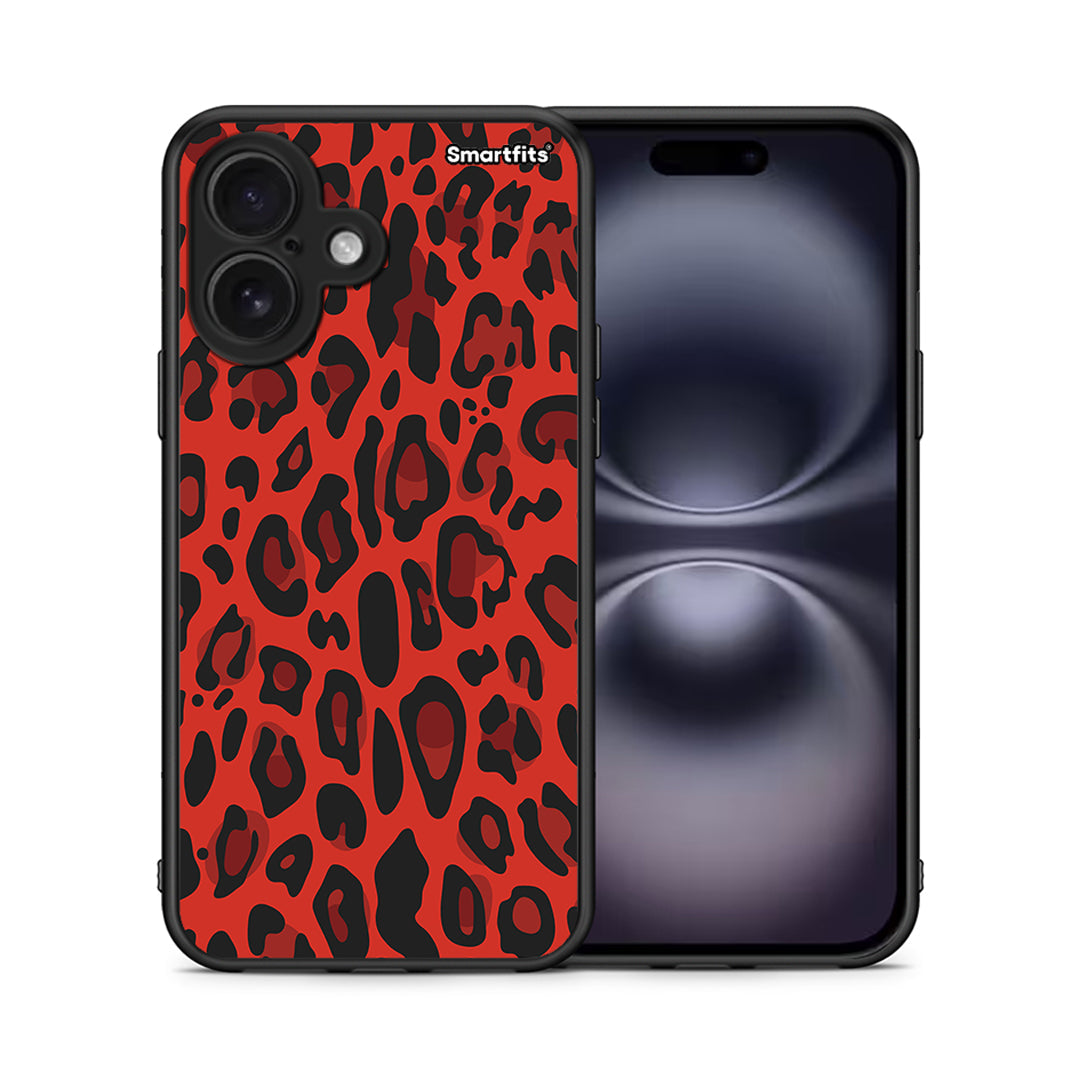 Θήκη iPhone 16 Red Leopard Animal από τη Smartfits με σχέδιο στο πίσω μέρος και μαύρο περίβλημα | iPhone 16 Red Leopard Animal case with colorful back and black bezels