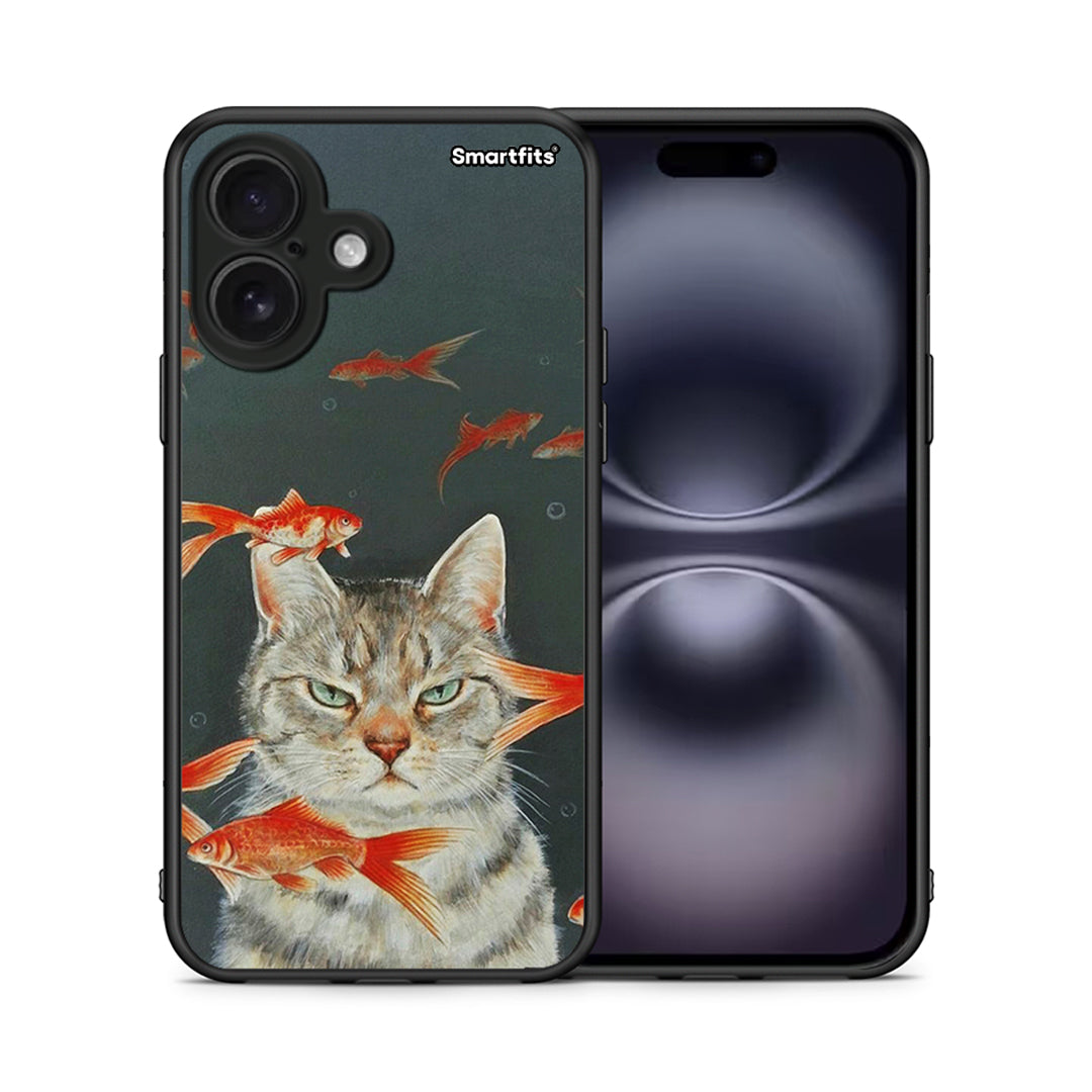 Θήκη iPhone 16 Cat Goldfish από τη Smartfits με σχέδιο στο πίσω μέρος και μαύρο περίβλημα | iPhone 16 Cat Goldfish case with colorful back and black bezels