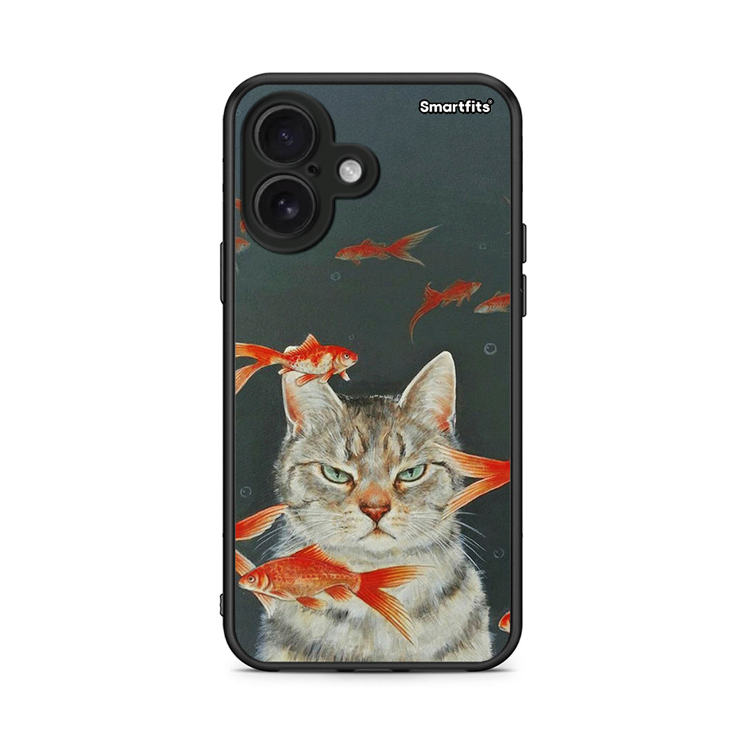 iPhone 16 Cat Goldfish θήκη από τη Smartfits με σχέδιο στο πίσω μέρος και μαύρο περίβλημα | Smartphone case with colorful back and black bezels by Smartfits