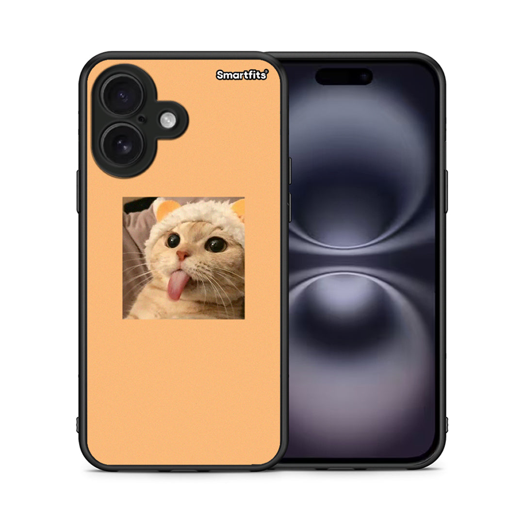 Θήκη iPhone 16 Cat Tongue από τη Smartfits με σχέδιο στο πίσω μέρος και μαύρο περίβλημα | iPhone 16 Cat Tongue case with colorful back and black bezels