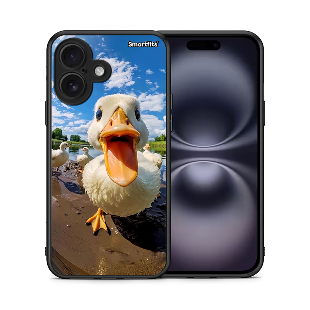 Θήκη iPhone 16 Duck Face από τη Smartfits με σχέδιο στο πίσω μέρος και μαύρο περίβλημα | iPhone 16 Duck Face case with colorful back and black bezels