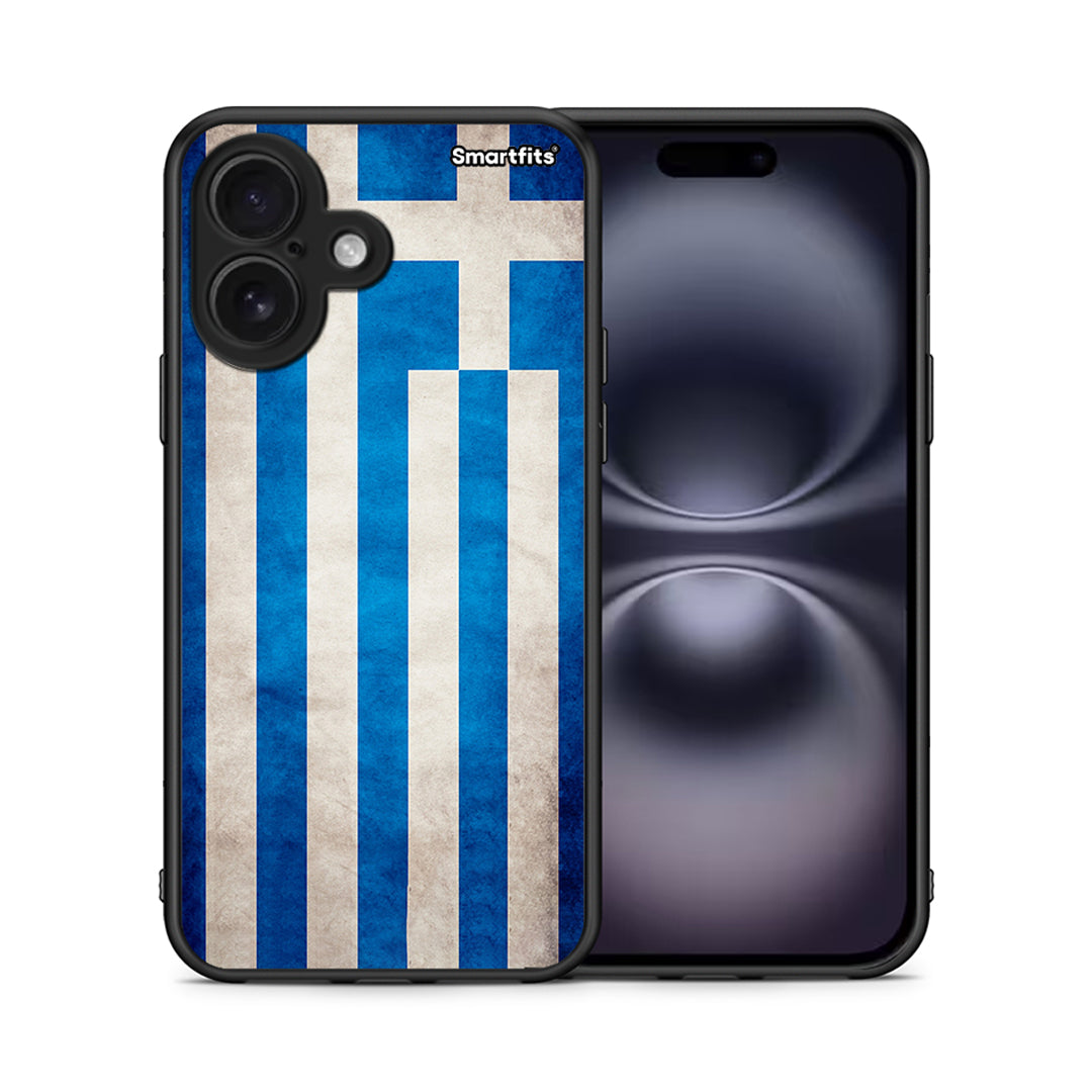 Θήκη iPhone 16 Greek Flag από τη Smartfits με σχέδιο στο πίσω μέρος και μαύρο περίβλημα | iPhone 16 Greek Flag case with colorful back and black bezels