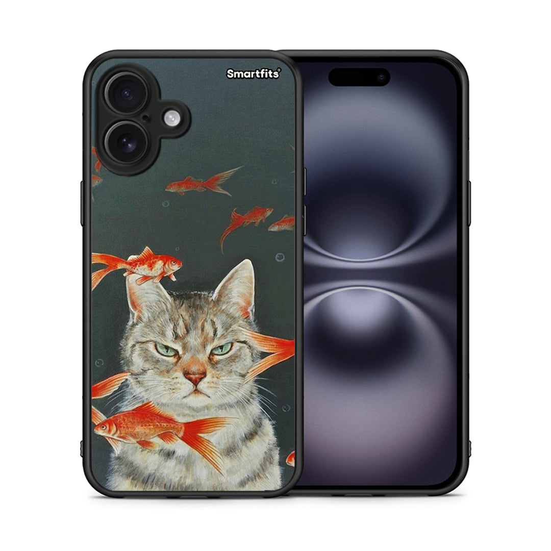 Θήκη iPhone 16 Plus Cat Goldfish από τη Smartfits με σχέδιο στο πίσω μέρος και μαύρο περίβλημα | iPhone 16 Plus Cat Goldfish case with colorful back and black bezels