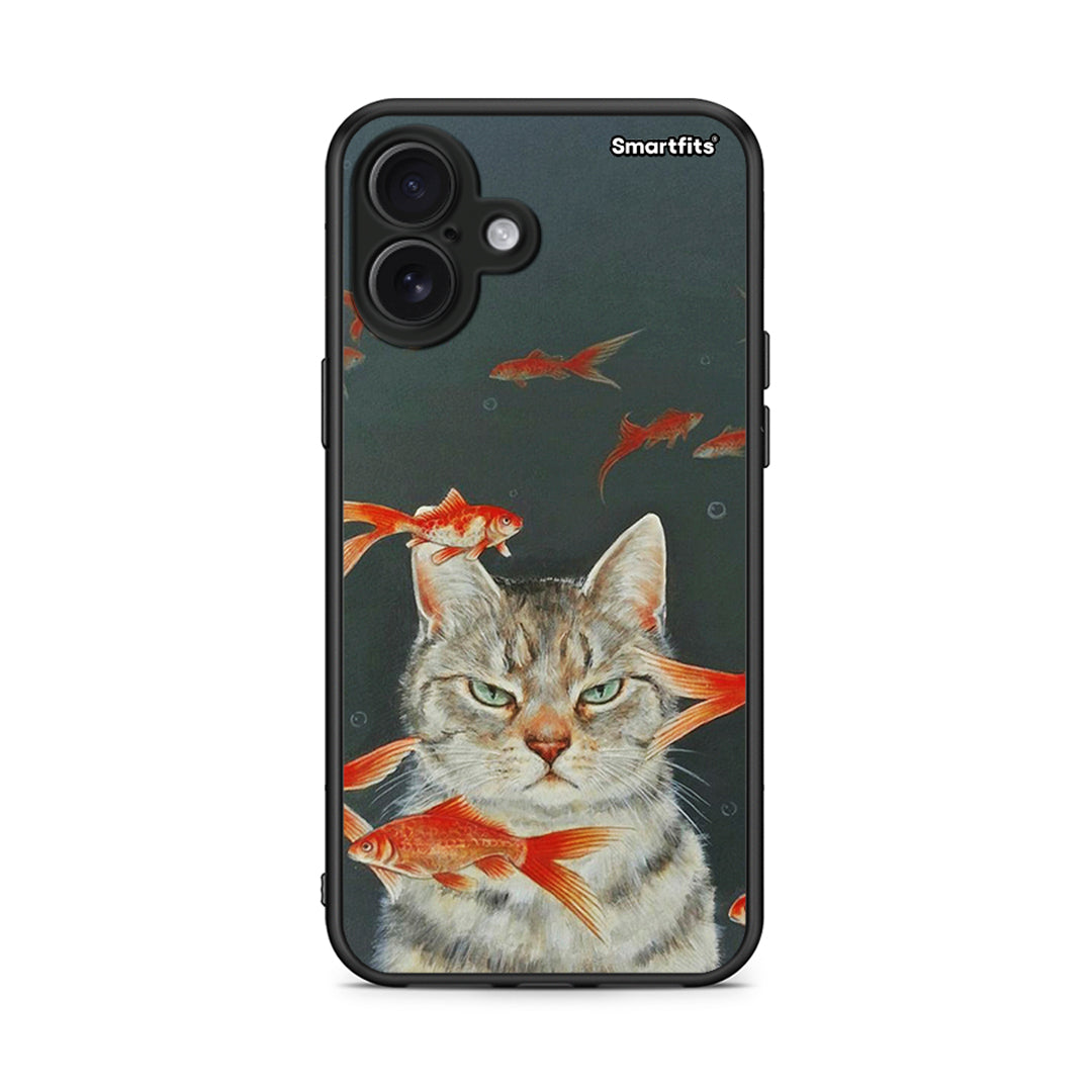 iPhone 16 Plus Cat Goldfish θήκη από τη Smartfits με σχέδιο στο πίσω μέρος και μαύρο περίβλημα | Smartphone case with colorful back and black bezels by Smartfits