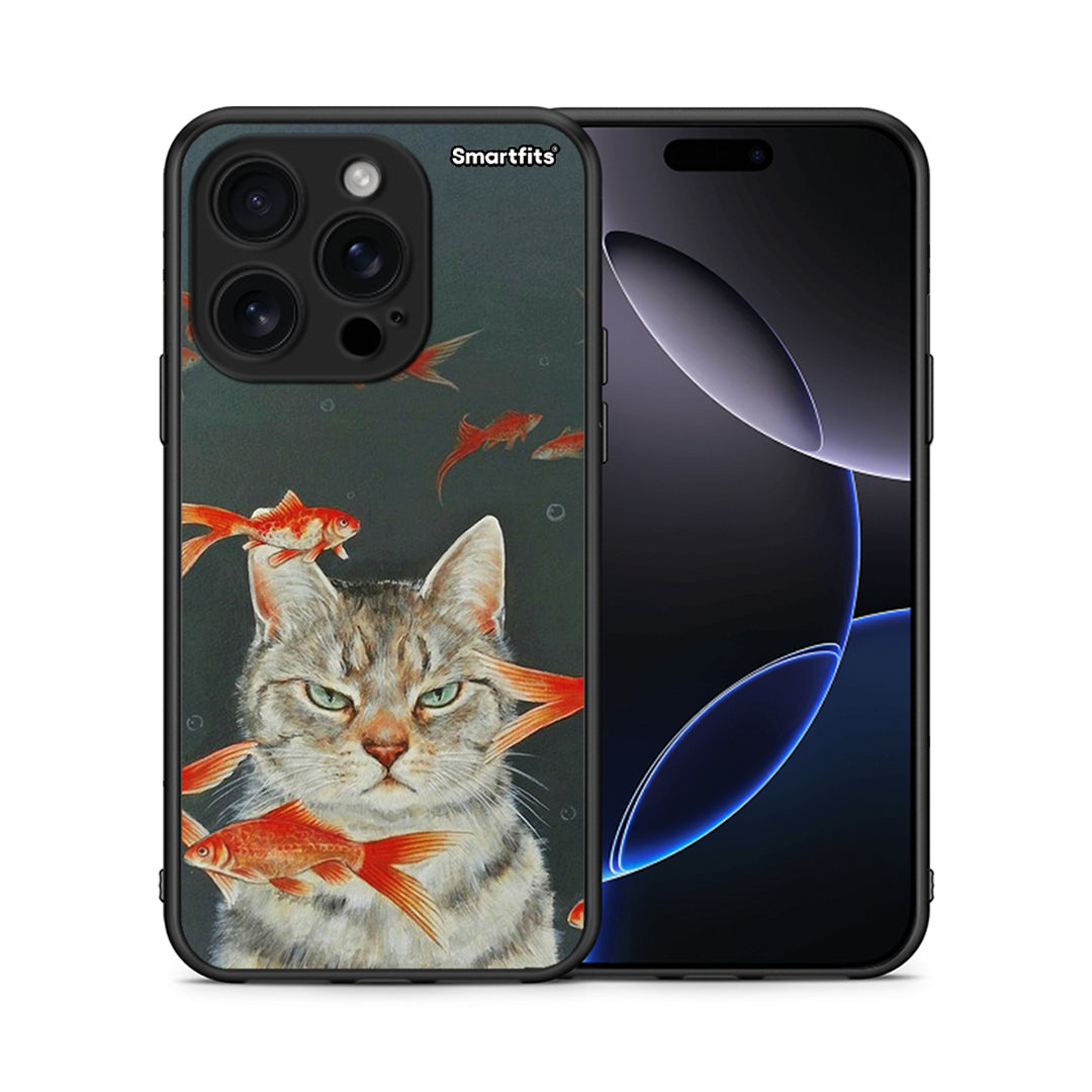 Θήκη iPhone 16 Pro Cat Goldfish από τη Smartfits με σχέδιο στο πίσω μέρος και μαύρο περίβλημα | iPhone 16 Pro Cat Goldfish case with colorful back and black bezels