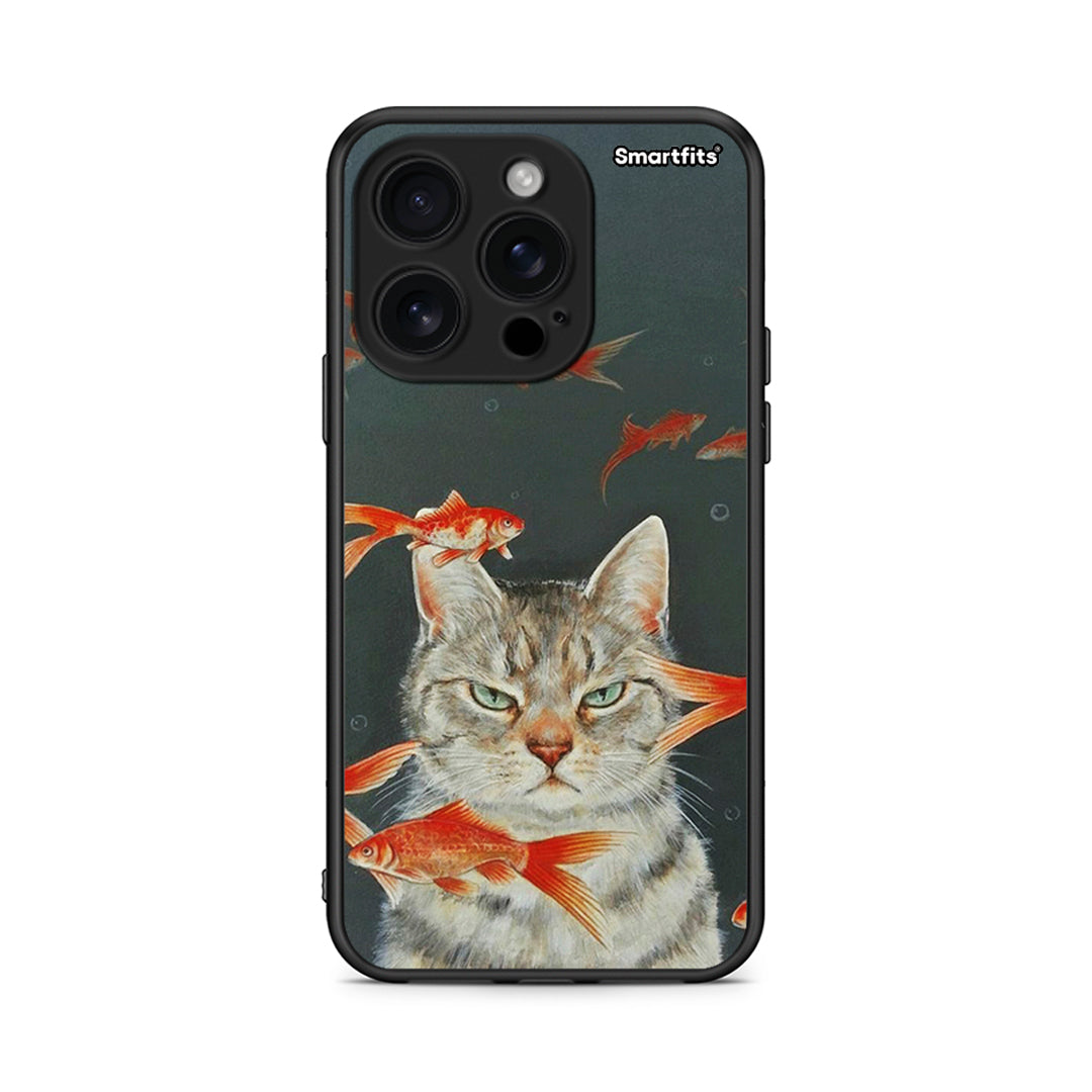 iPhone 16 Pro Cat Goldfish θήκη από τη Smartfits με σχέδιο στο πίσω μέρος και μαύρο περίβλημα | Smartphone case with colorful back and black bezels by Smartfits