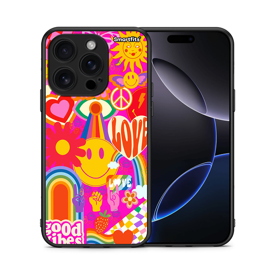 Θήκη iPhone 16 Pro Hippie Love από τη Smartfits με σχέδιο στο πίσω μέρος και μαύρο περίβλημα | iPhone 16 Pro Hippie Love case with colorful back and black bezels