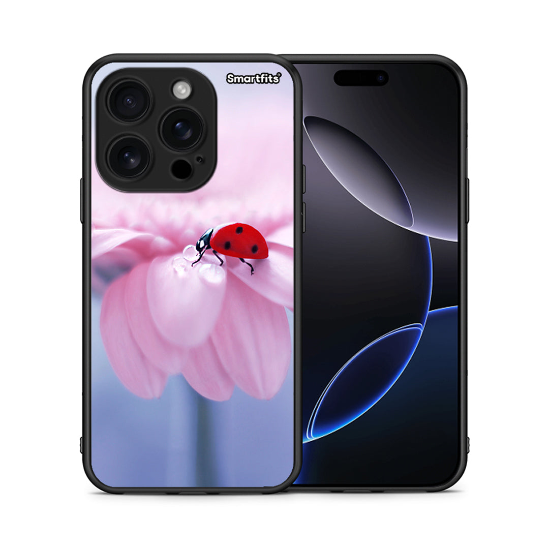 Θήκη iPhone 16 Pro Ladybug Flower από τη Smartfits με σχέδιο στο πίσω μέρος και μαύρο περίβλημα | iPhone 16 Pro Ladybug Flower case with colorful back and black bezels