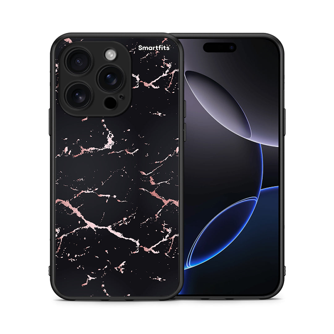 Θήκη iPhone 16 Pro Black Rosegold Marble από τη Smartfits με σχέδιο στο πίσω μέρος και μαύρο περίβλημα | iPhone 16 Pro Black Rosegold Marble case with colorful back and black bezels