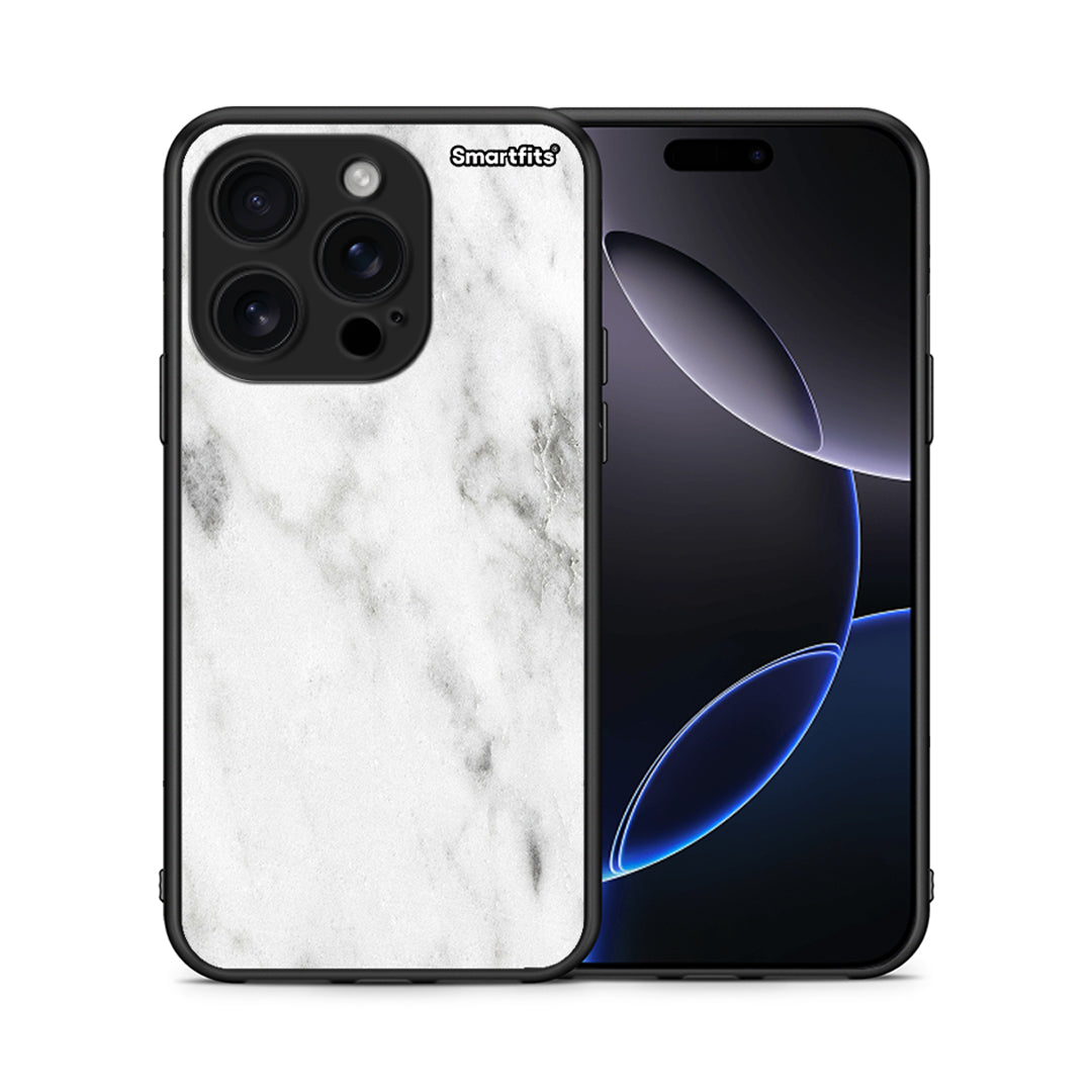 Θήκη iPhone 16 Pro White Marble από τη Smartfits με σχέδιο στο πίσω μέρος και μαύρο περίβλημα | iPhone 16 Pro White Marble case with colorful back and black bezels