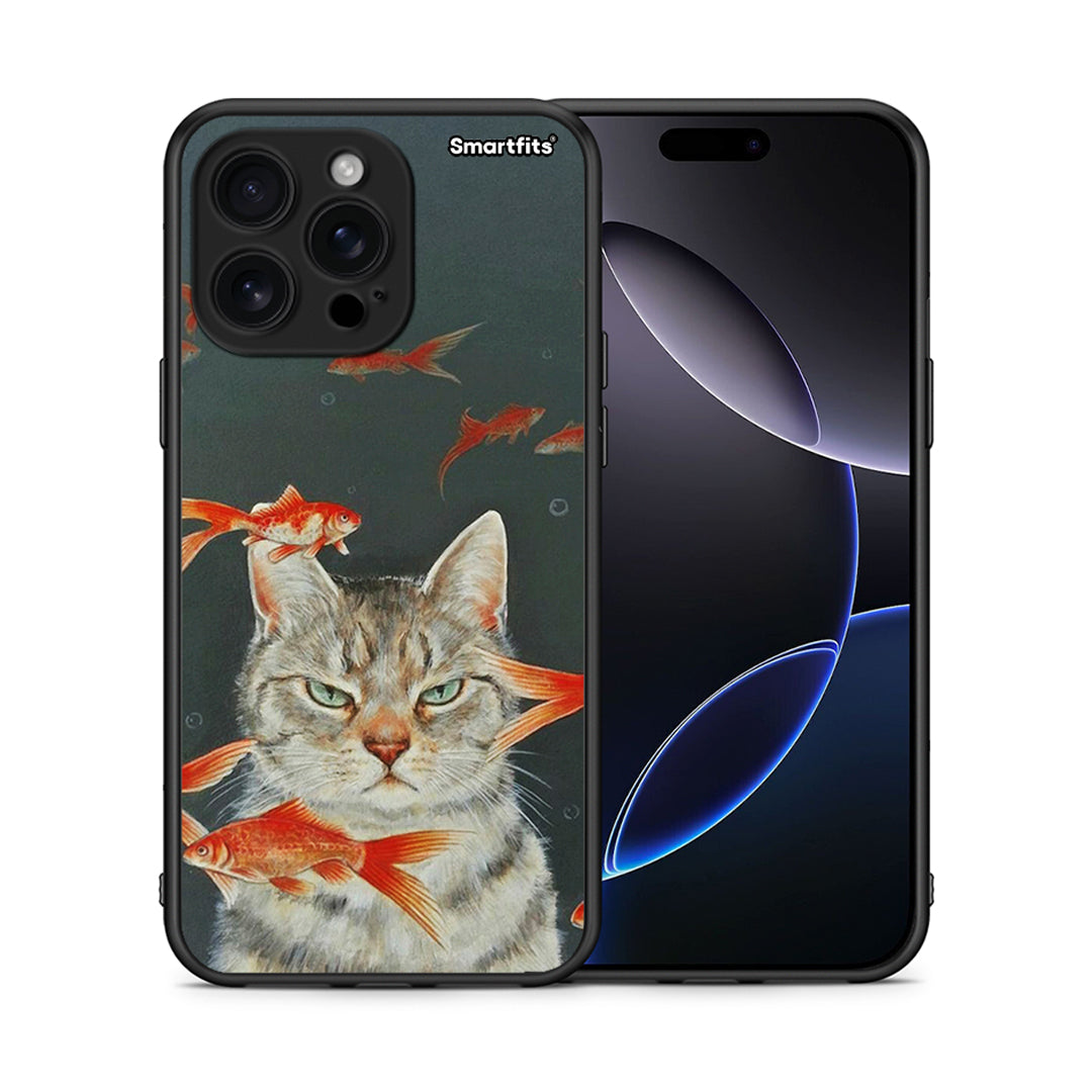 Θήκη iPhone 16 Pro Max Cat Goldfish από τη Smartfits με σχέδιο στο πίσω μέρος και μαύρο περίβλημα | iPhone 16 Pro Max Cat Goldfish case with colorful back and black bezels