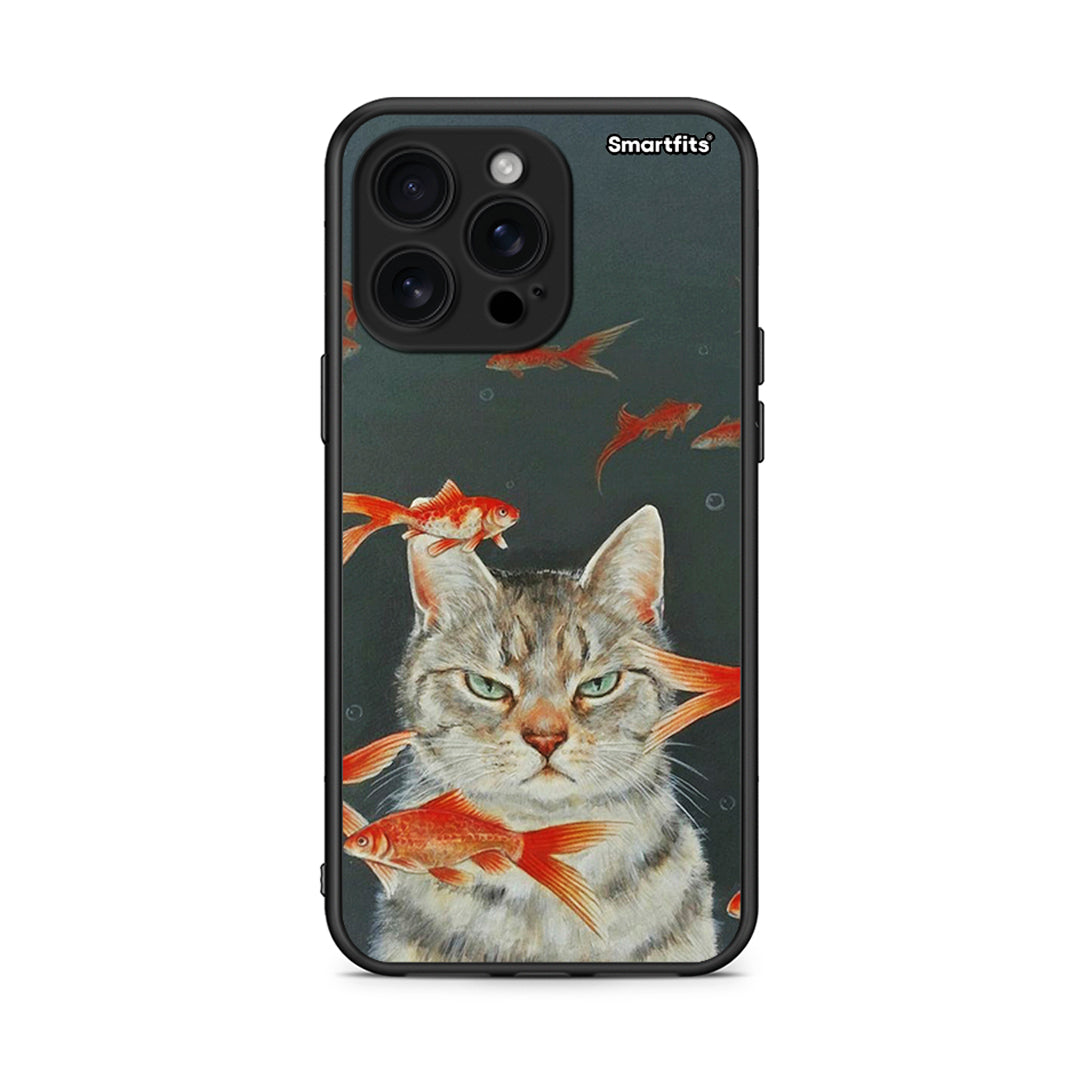 iPhone 16 Pro Max Cat Goldfish θήκη από τη Smartfits με σχέδιο στο πίσω μέρος και μαύρο περίβλημα | Smartphone case with colorful back and black bezels by Smartfits