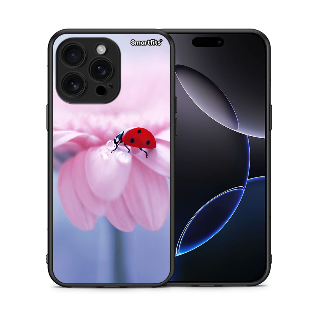 Θήκη iPhone 16 Pro Max Ladybug Flower από τη Smartfits με σχέδιο στο πίσω μέρος και μαύρο περίβλημα | iPhone 16 Pro Max Ladybug Flower case with colorful back and black bezels