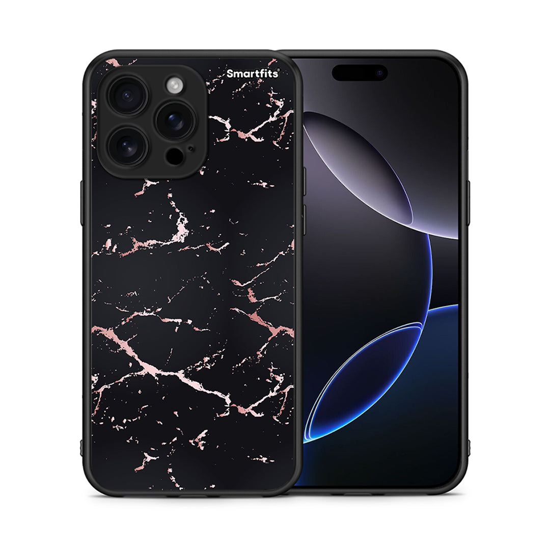 Θήκη iPhone 16 Pro Max Black Rosegold Marble από τη Smartfits με σχέδιο στο πίσω μέρος και μαύρο περίβλημα | iPhone 16 Pro Max Black Rosegold Marble case with colorful back and black bezels