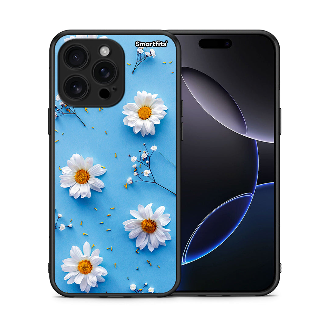 Θήκη iPhone 16 Pro Max Real Daisies από τη Smartfits με σχέδιο στο πίσω μέρος και μαύρο περίβλημα | iPhone 16 Pro Max Real Daisies case with colorful back and black bezels