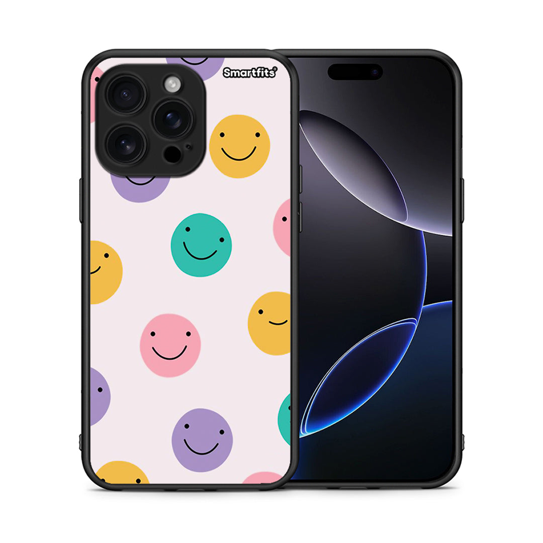 Θήκη iPhone 16 Pro Max Smiley Faces από τη Smartfits με σχέδιο στο πίσω μέρος και μαύρο περίβλημα | iPhone 16 Pro Max Smiley Faces case with colorful back and black bezels