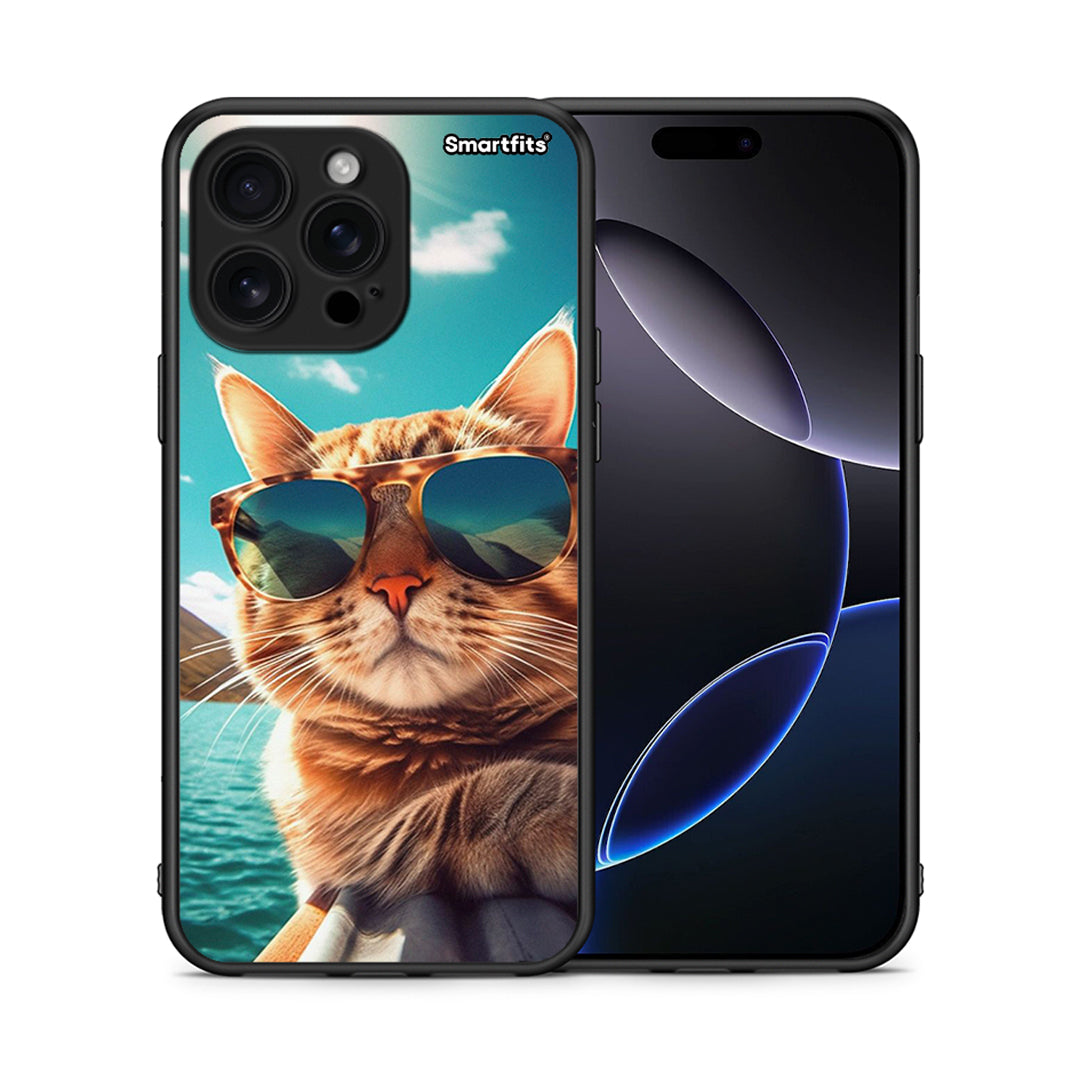 Θήκη iPhone 16 Pro Max Summer Cat από τη Smartfits με σχέδιο στο πίσω μέρος και μαύρο περίβλημα | iPhone 16 Pro Max Summer Cat case with colorful back and black bezels