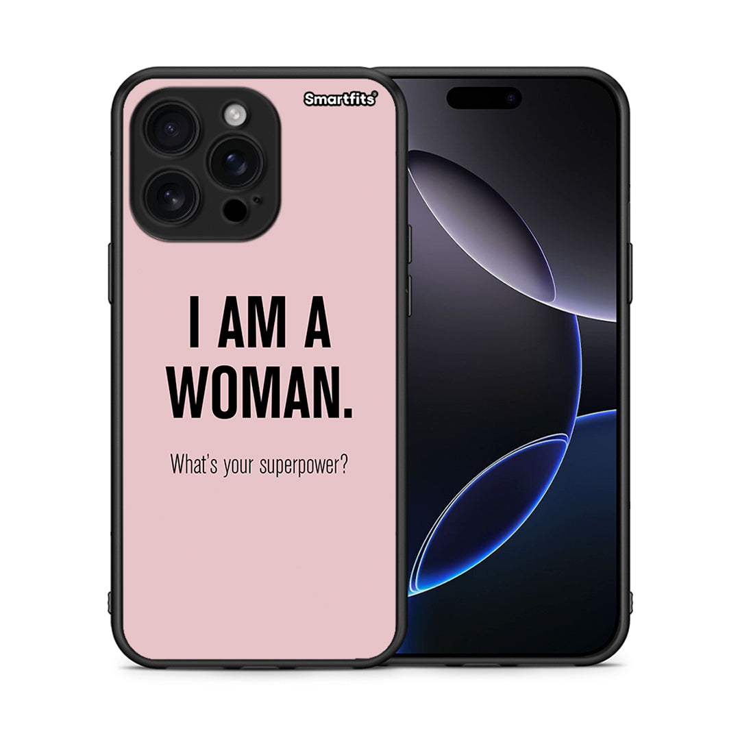 Θήκη iPhone 16 Pro Max Superpower Woman από τη Smartfits με σχέδιο στο πίσω μέρος και μαύρο περίβλημα | iPhone 16 Pro Max Superpower Woman case with colorful back and black bezels