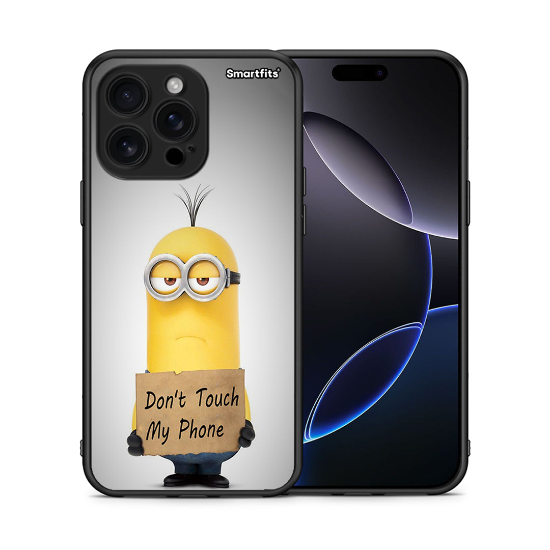 Θήκη iPhone 16 Pro Max Minion Text από τη Smartfits με σχέδιο στο πίσω μέρος και μαύρο περίβλημα | iPhone 16 Pro Max Minion Text case with colorful back and black bezels