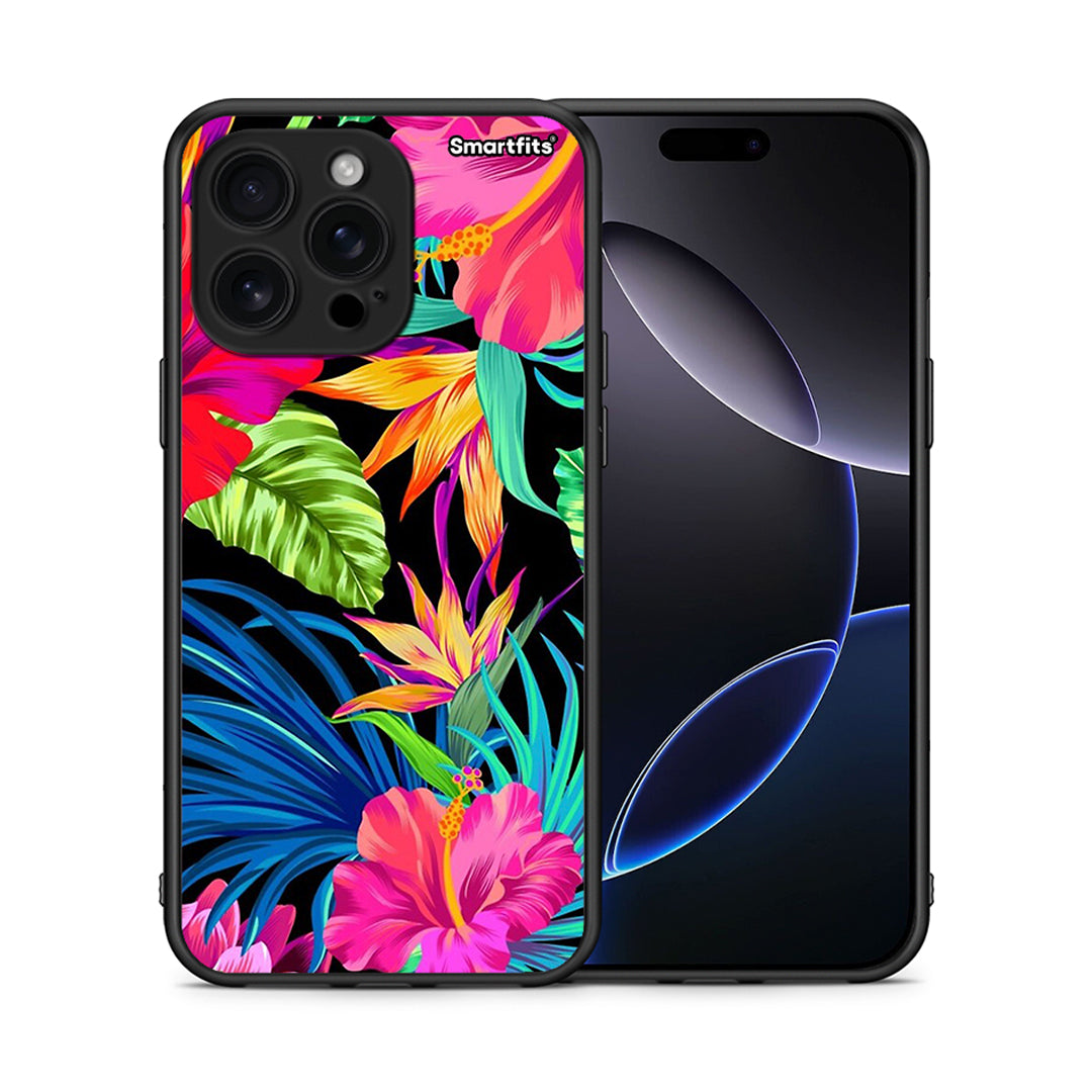 Θήκη iPhone 16 Pro Max Tropical Flowers από τη Smartfits με σχέδιο στο πίσω μέρος και μαύρο περίβλημα | iPhone 16 Pro Max Tropical Flowers case with colorful back and black bezels