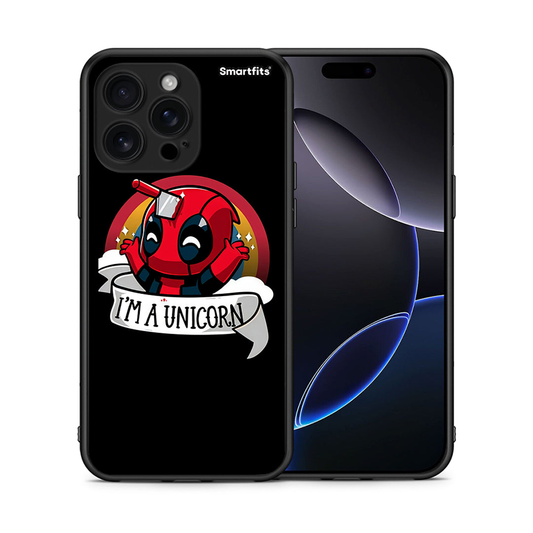 Θήκη iPhone 16 Pro Max Unicorn Deadpool από τη Smartfits με σχέδιο στο πίσω μέρος και μαύρο περίβλημα | iPhone 16 Pro Max Unicorn Deadpool case with colorful back and black bezels