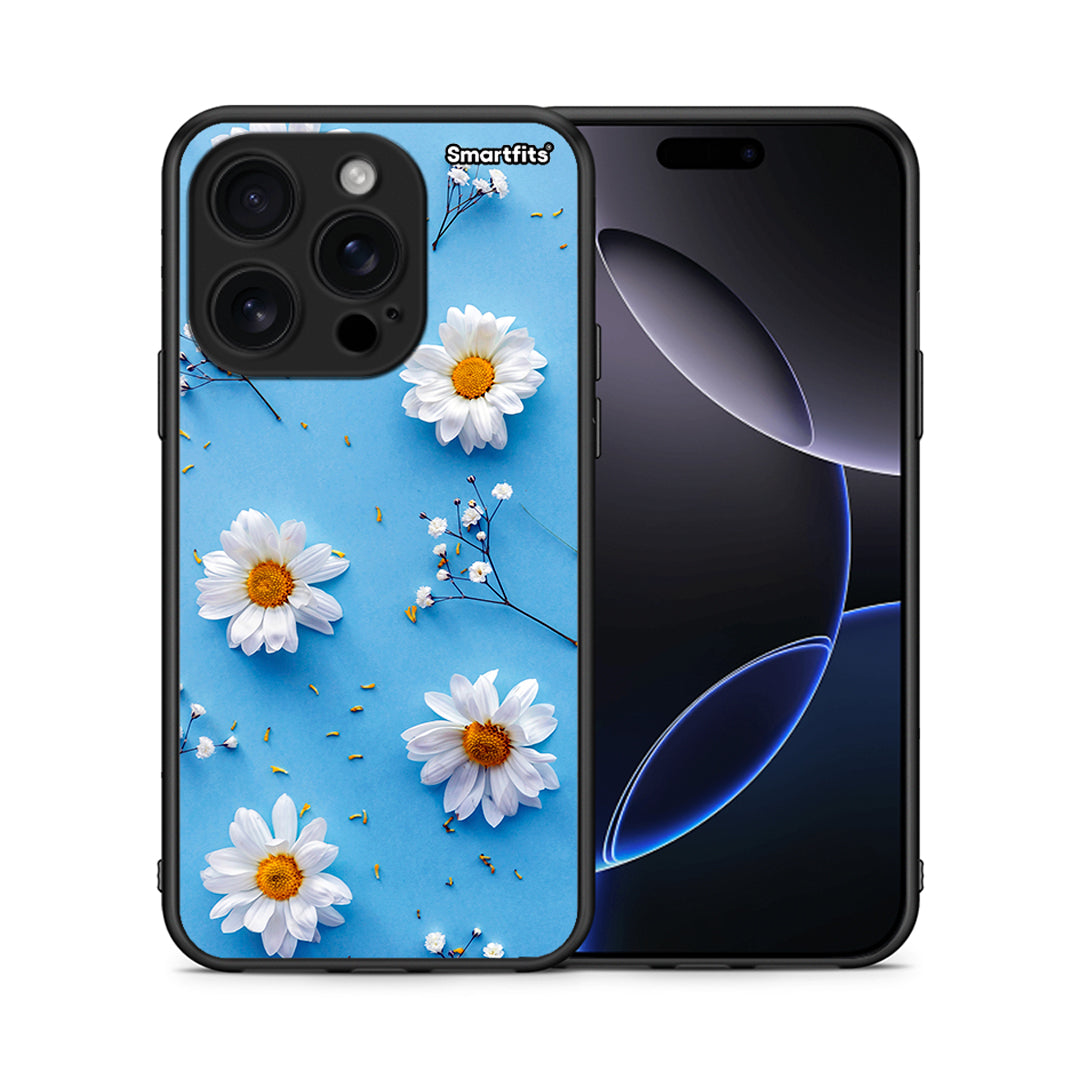 Θήκη iPhone 16 Pro Real Daisies από τη Smartfits με σχέδιο στο πίσω μέρος και μαύρο περίβλημα | iPhone 16 Pro Real Daisies case with colorful back and black bezels