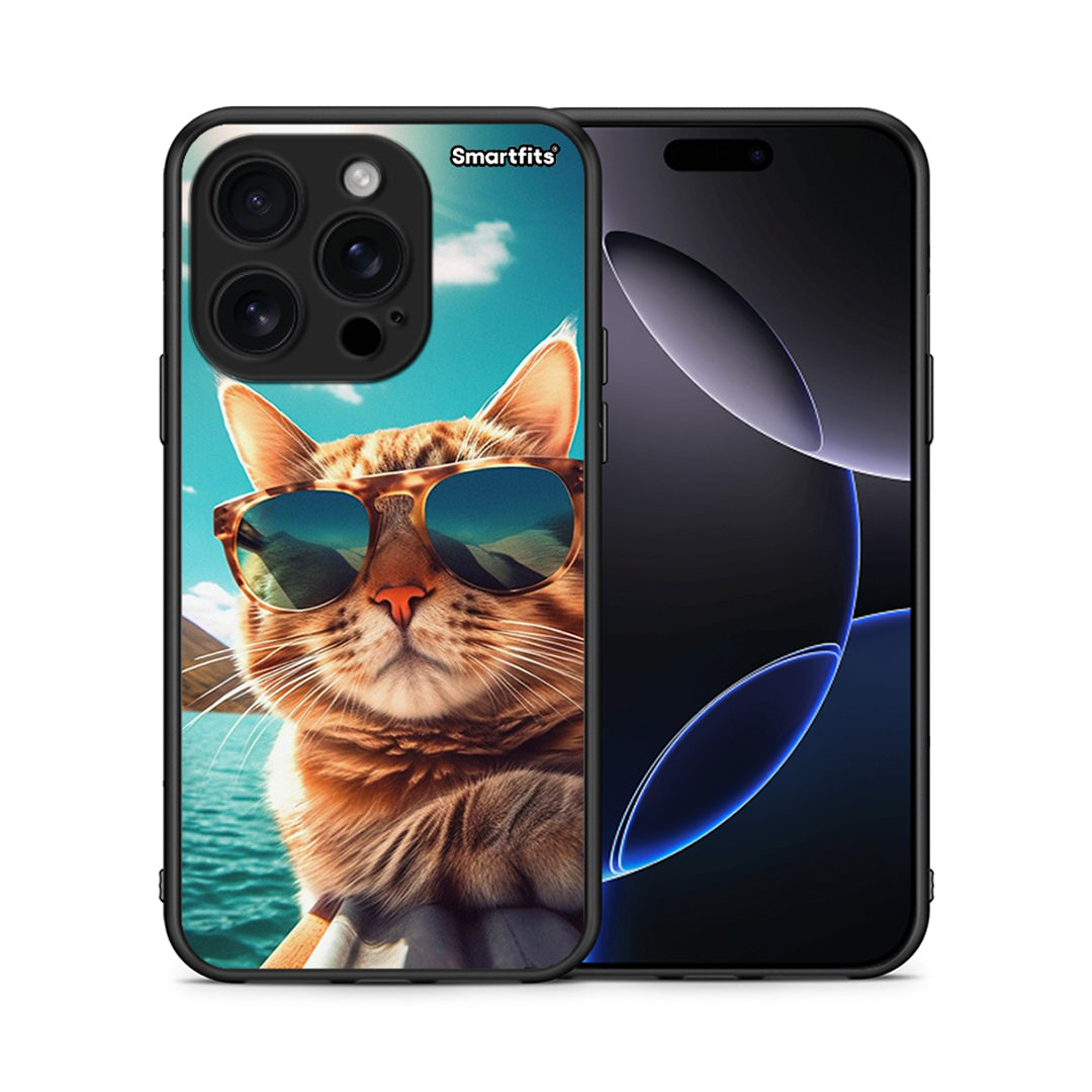 Θήκη iPhone 16 Pro Summer Cat από τη Smartfits με σχέδιο στο πίσω μέρος και μαύρο περίβλημα | iPhone 16 Pro Summer Cat case with colorful back and black bezels