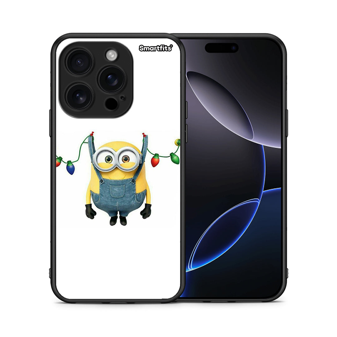 Θήκη iPhone 16 Pro Xmas Minion Lights από τη Smartfits με σχέδιο στο πίσω μέρος και μαύρο περίβλημα | iPhone 16 Pro Xmas Minion Lights case with colorful back and black bezels