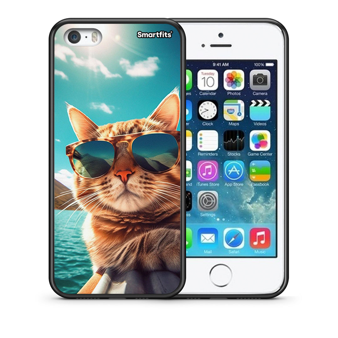 Θήκη iPhone 5/5s/SE Summer Cat από τη Smartfits με σχέδιο στο πίσω μέρος και μαύρο περίβλημα | iPhone 5/5s/SE Summer Cat case with colorful back and black bezels