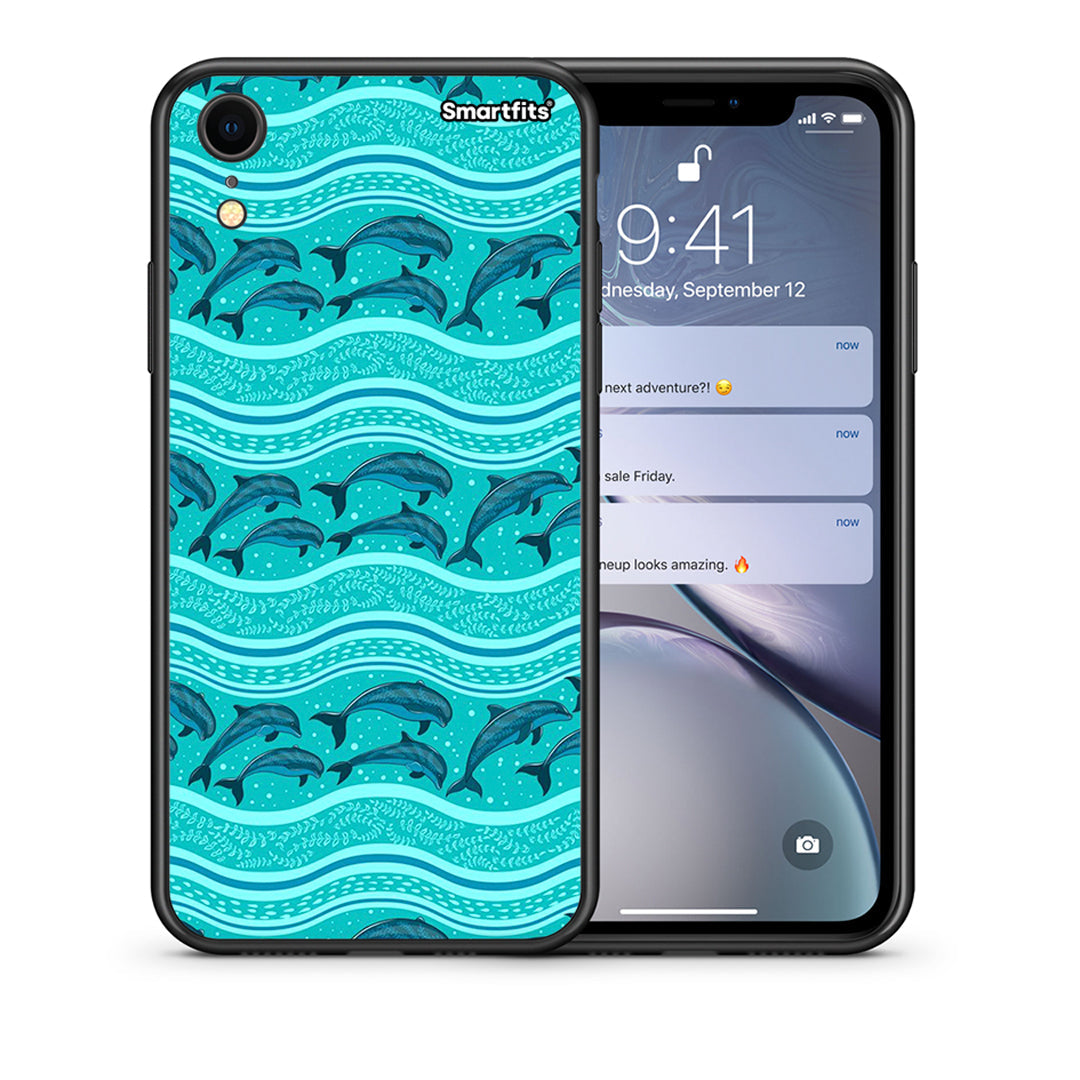 Θήκη iPhone XR Swimming Dolphins από τη Smartfits με σχέδιο στο πίσω μέρος και μαύρο περίβλημα | iPhone XR Swimming Dolphins case with colorful back and black bezels
