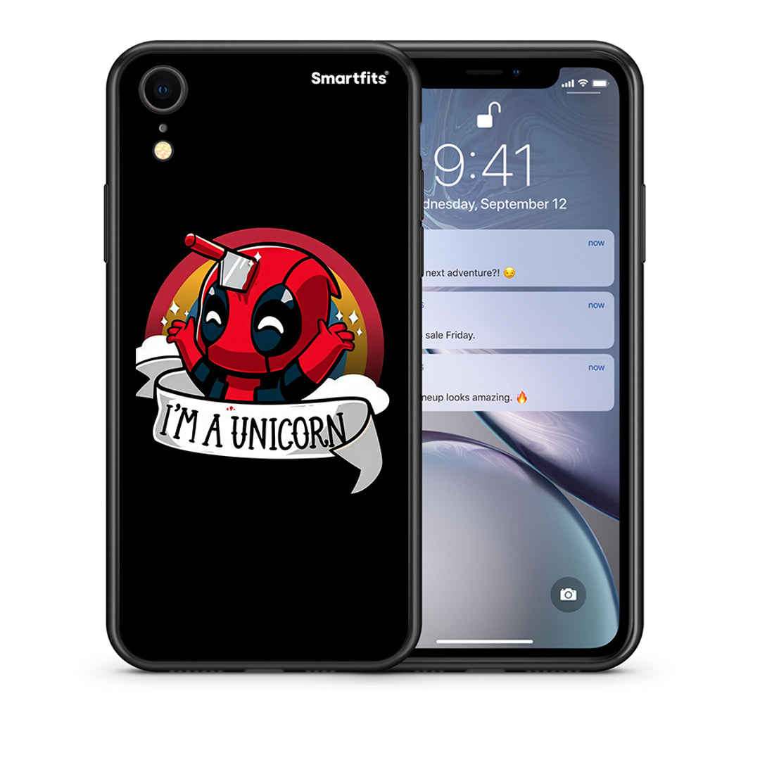 Θήκη iPhone XR Unicorn Deadpool από τη Smartfits με σχέδιο στο πίσω μέρος και μαύρο περίβλημα | iPhone XR Unicorn Deadpool case with colorful back and black bezels