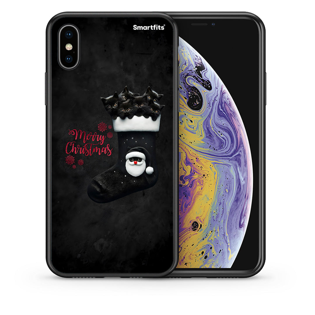 Θήκη iPhone X/Xs Merry Cat Christmas από τη Smartfits με σχέδιο στο πίσω μέρος και μαύρο περίβλημα | iPhone X/Xs Merry Cat Christmas case with colorful back and black bezels